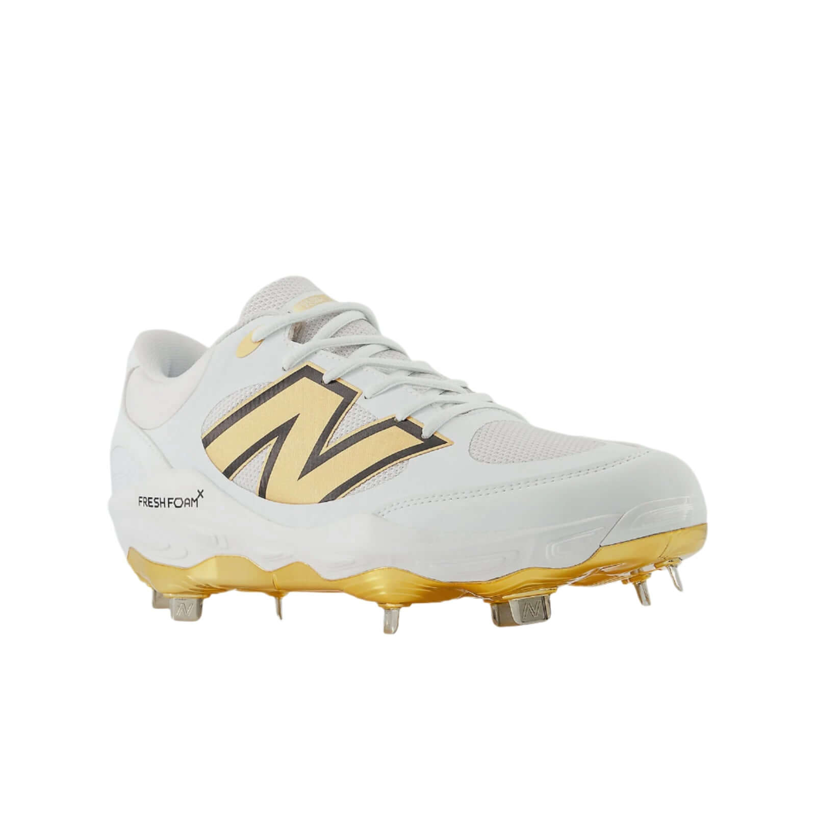 Front side angle of New Balance Fresh Foam X 3000v7 cleat showcasing the gusseted tongue and iconic N logo in Team Carolina.