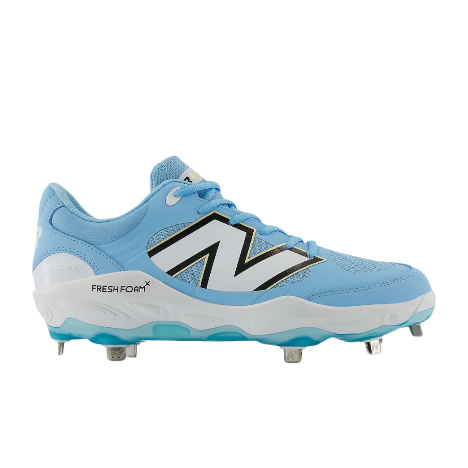 Side angle 1 of New Balance Fresh Foam X 3000v7 cleat in Team Carolina showing the dynamic N logo and sleek profile.