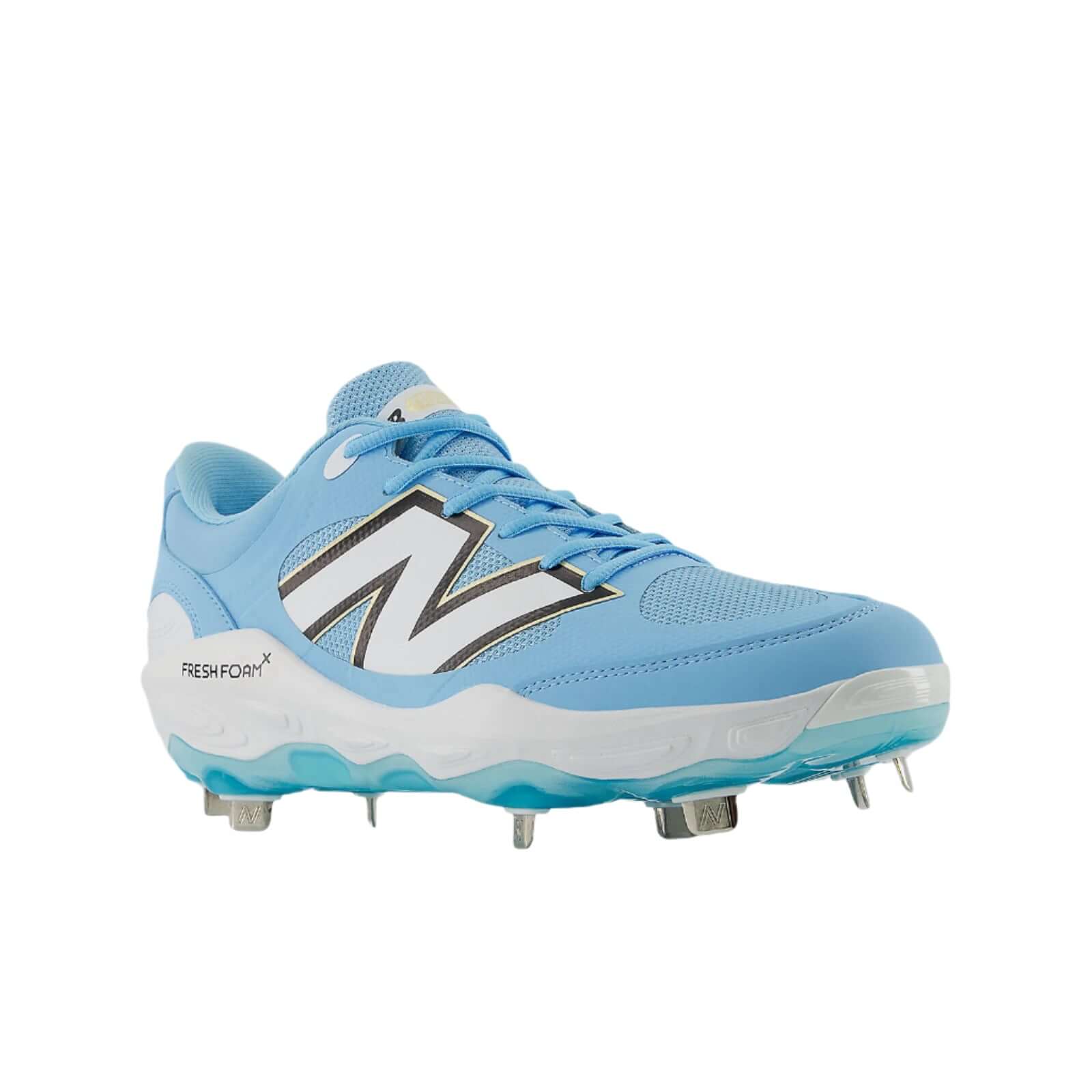 Front side angle of New Balance Fresh Foam X 3000v7 cleat showcasing the gusseted tongue and iconic N logo in Team Carolina.