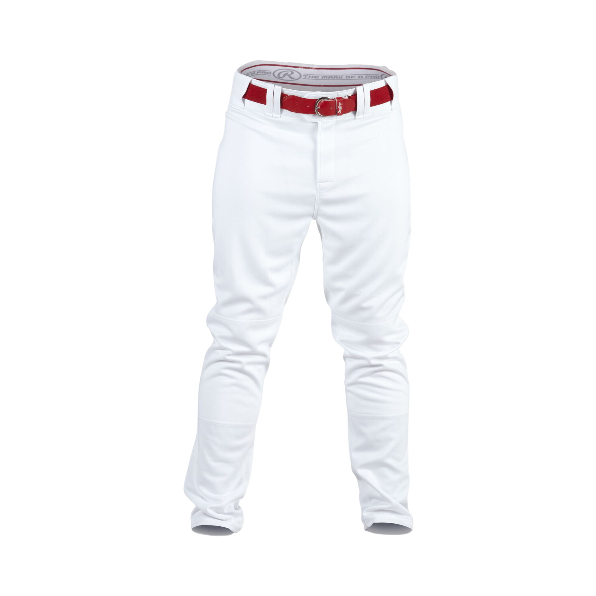 Rawlings Adult PRO150 semi-relaxed fit pant in white with red waistband, featuring 2-way stretch and professional design.