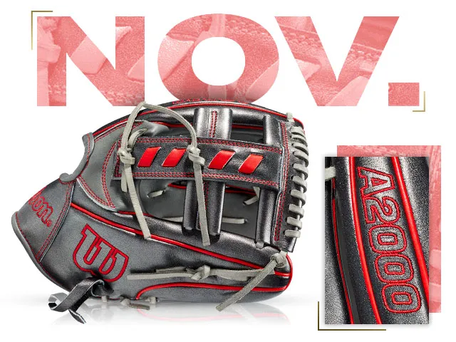 Wilson 100 GOTM November 2020 Custom A2000 1716 baseball glove with red accents and detailed stitching.