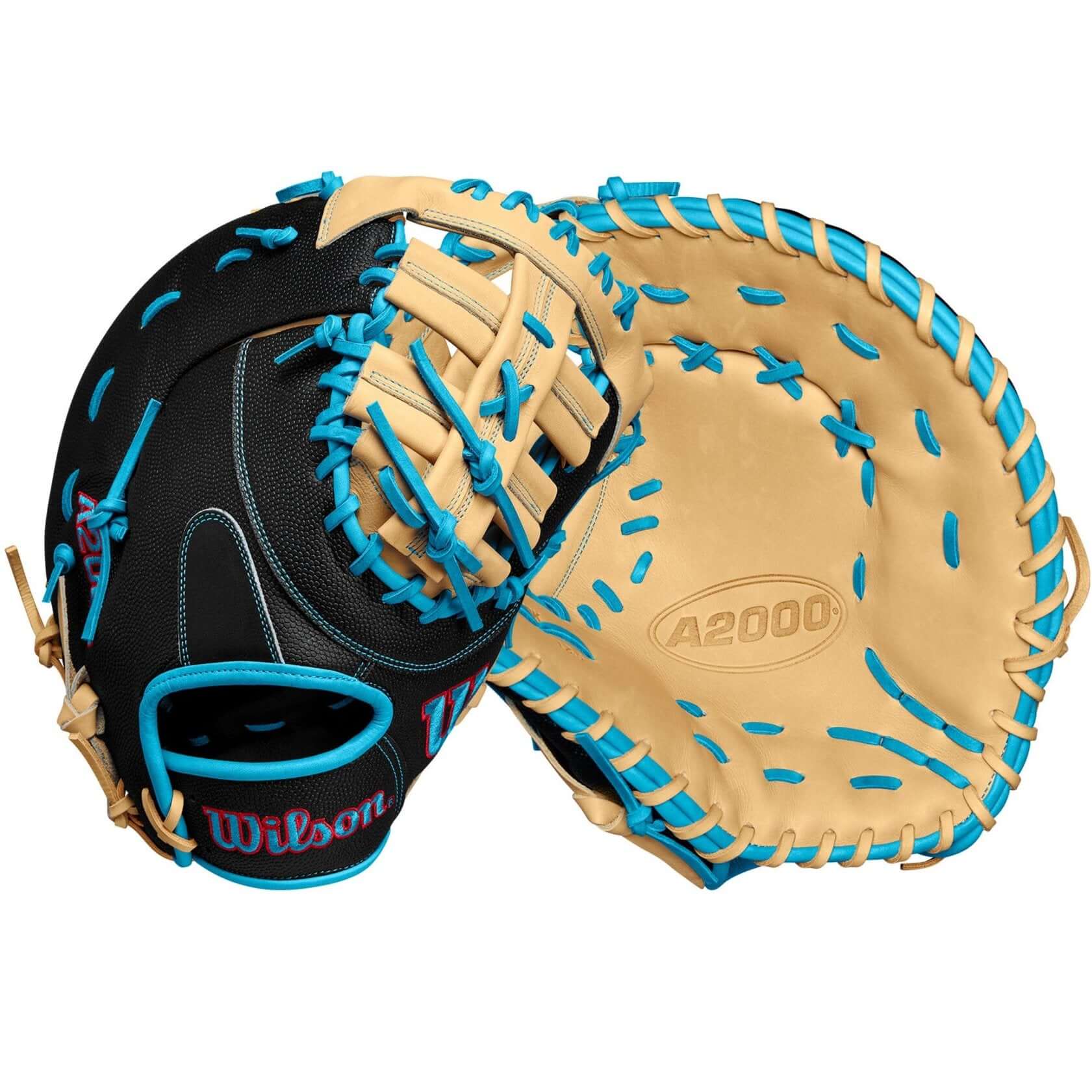 Wilson Fall 2024 A2000 1679SS Baseball First Base Mitt Black/Sky Blue 12.5" with Single Post Web and Blonde Pro Stock Leather Palm