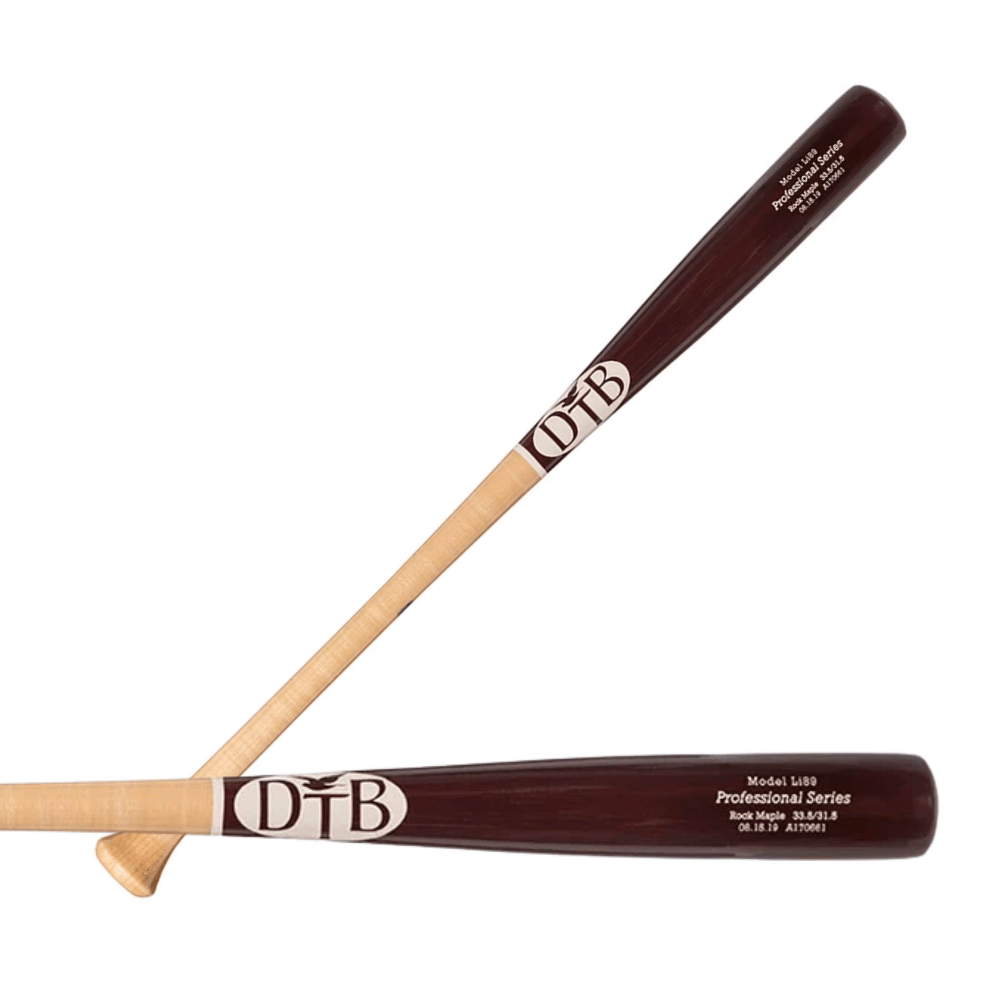 Front view of Dove Tail Bats Li89 Birch highlighting steel/cherry finish and large flared knob.