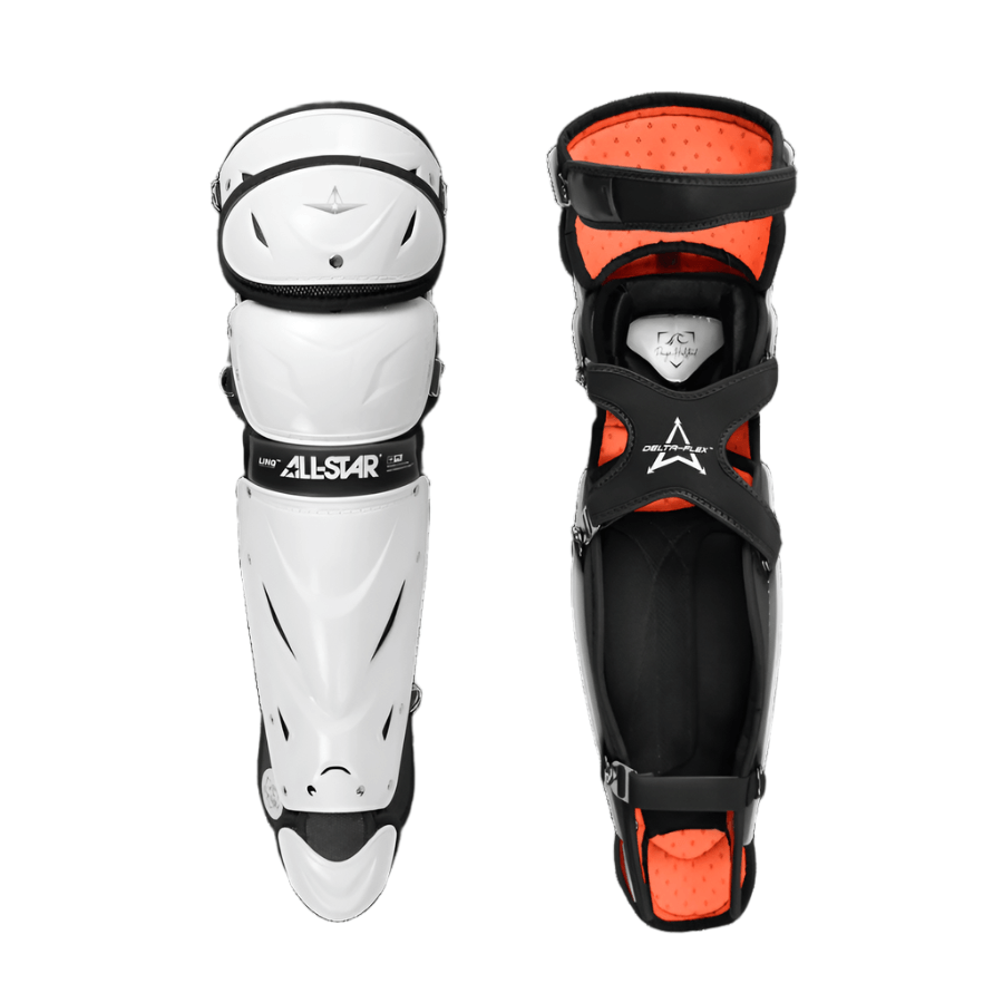 All-Star PHX Fastpitch Leg Guards in white and black design, featuring advanced protection for catchers, inspired by Paige Halstead.