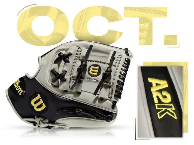 Wilson 100 GOTM October 2014 A2K 1786 Ghost glove with stylish black and yellow design, showcasing quality craftsmanship.