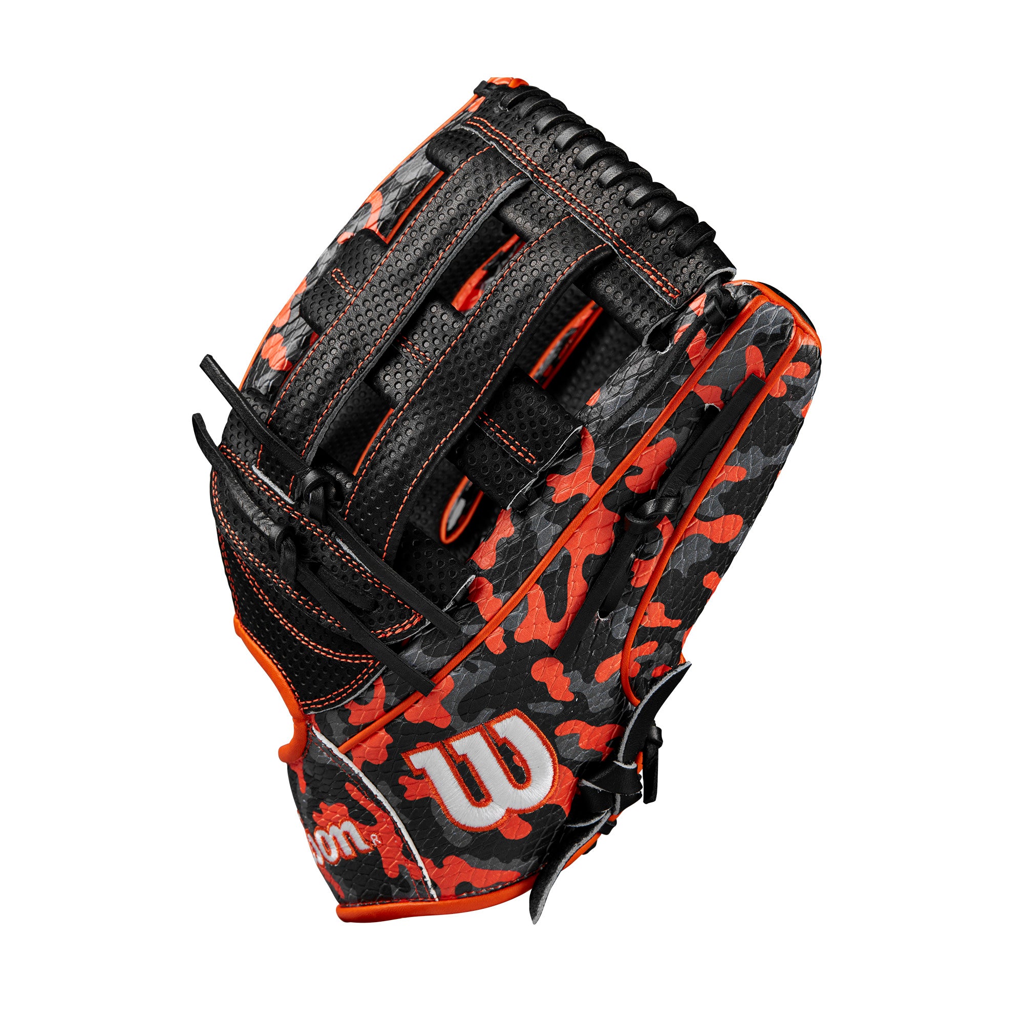 Left side of A2000 1777 glove, focusing on thumb area with unique orange and grey camouflage SuperSnakeSkin