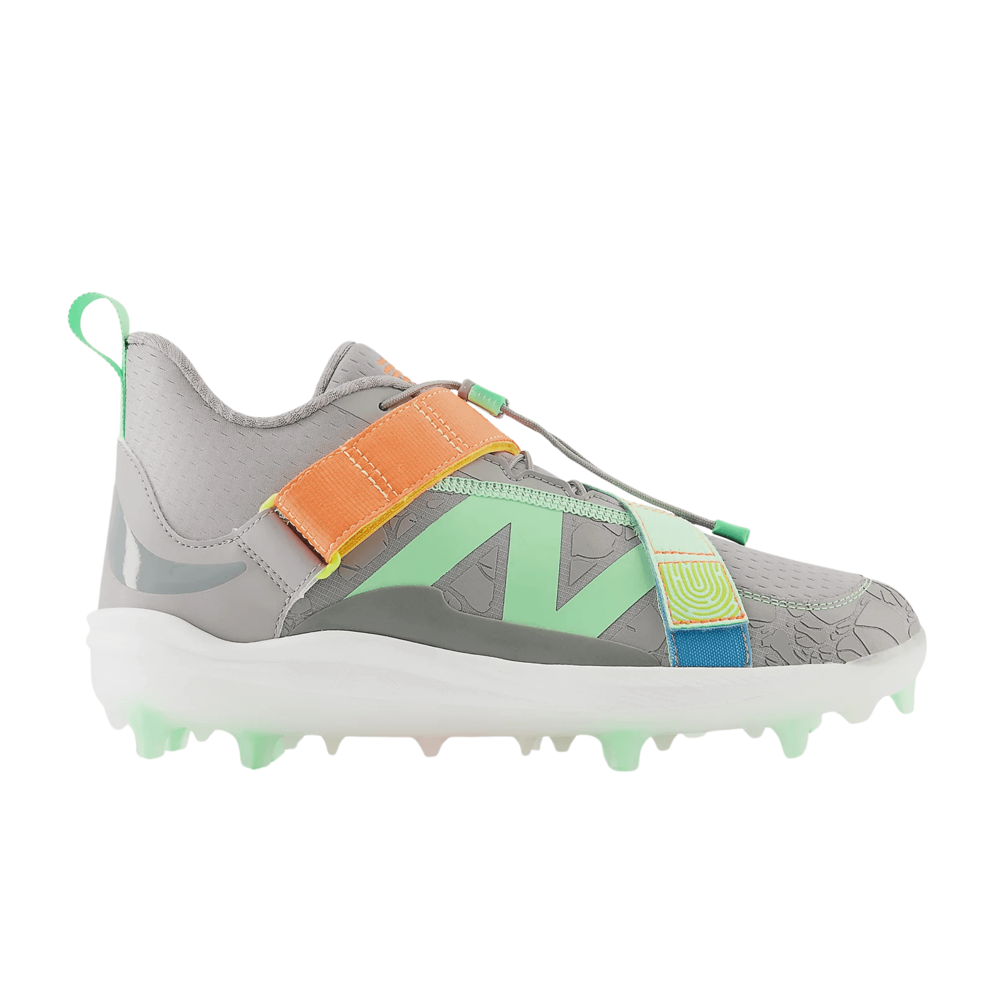 New Balance FuelCell Lindor 2 Comp baseball cleats in Team Away Grey with colorful straps and 9-spike design for optimal traction.