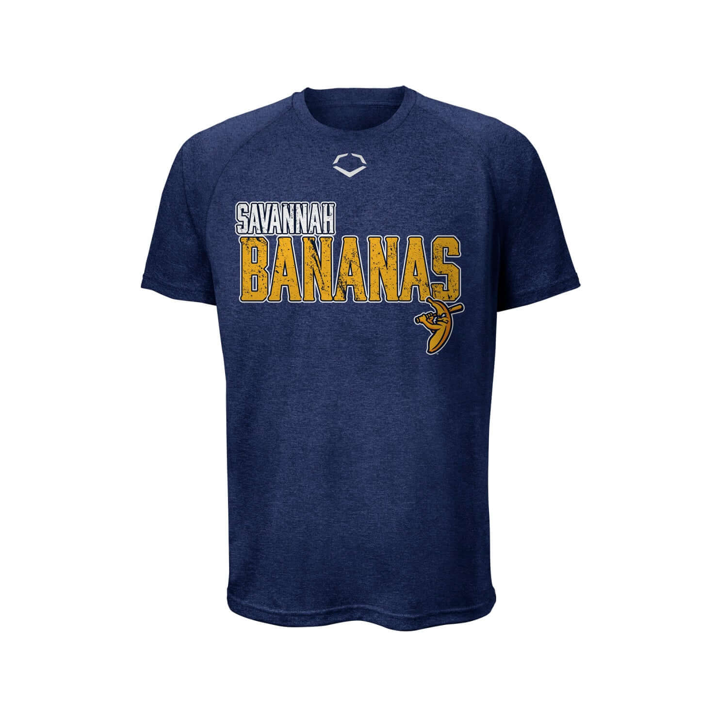 Evoshield Youth Bananas Tech Tee in Navy Health featuring Savannah Bananas graphic for young athletes.