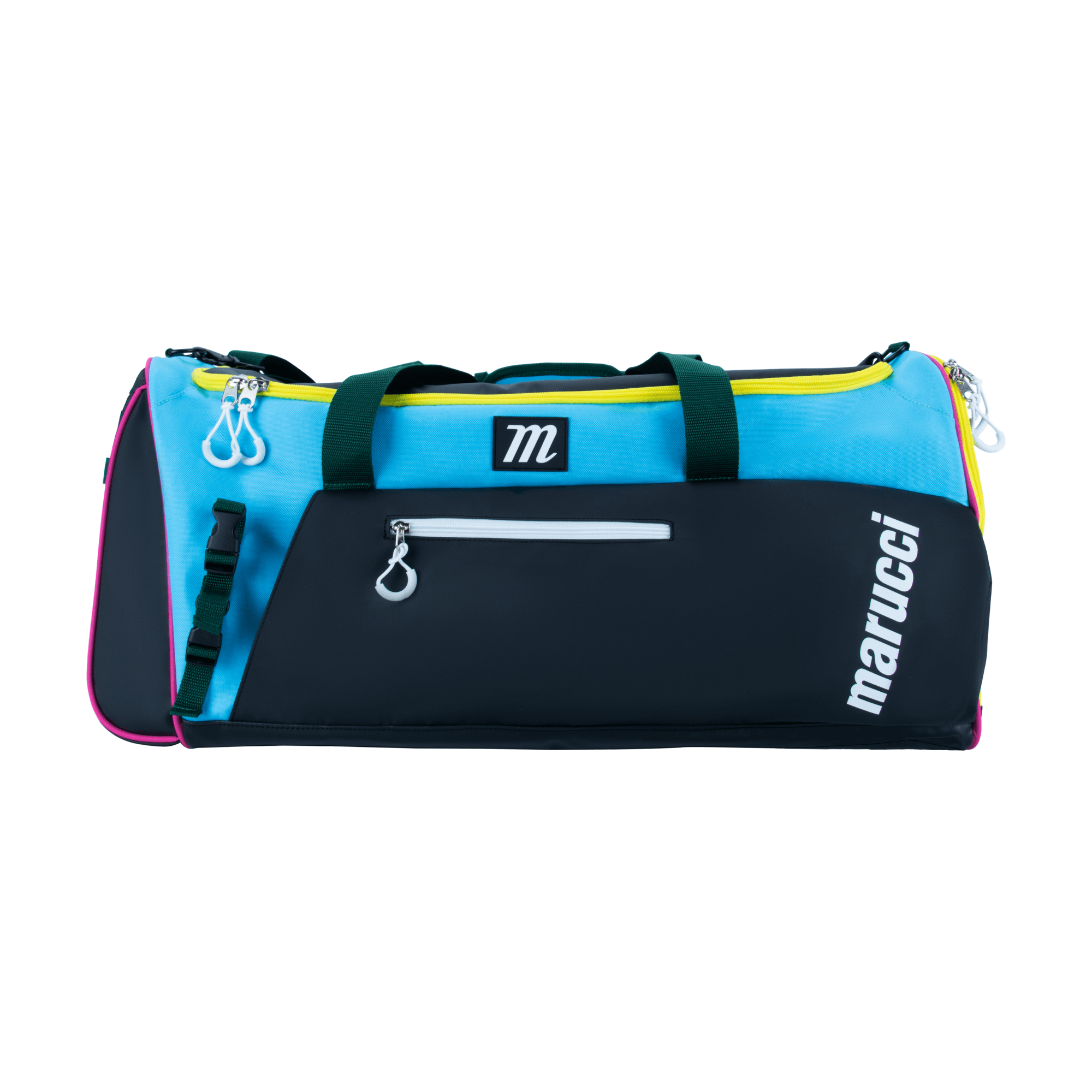 Marucci Pro Utility Duffel Bag V3 in black, teal, and yellow with durable canvas and water-resistant features.