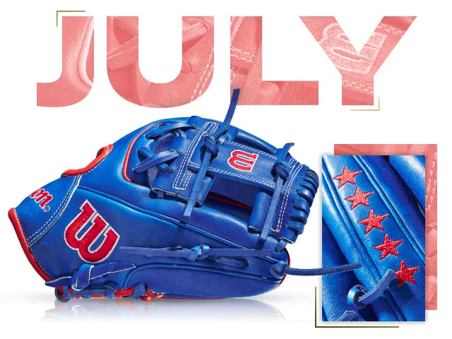 Wilson A2000 1786 glove in vibrant blue and red for July 2020, showcasing custom design and star accents.