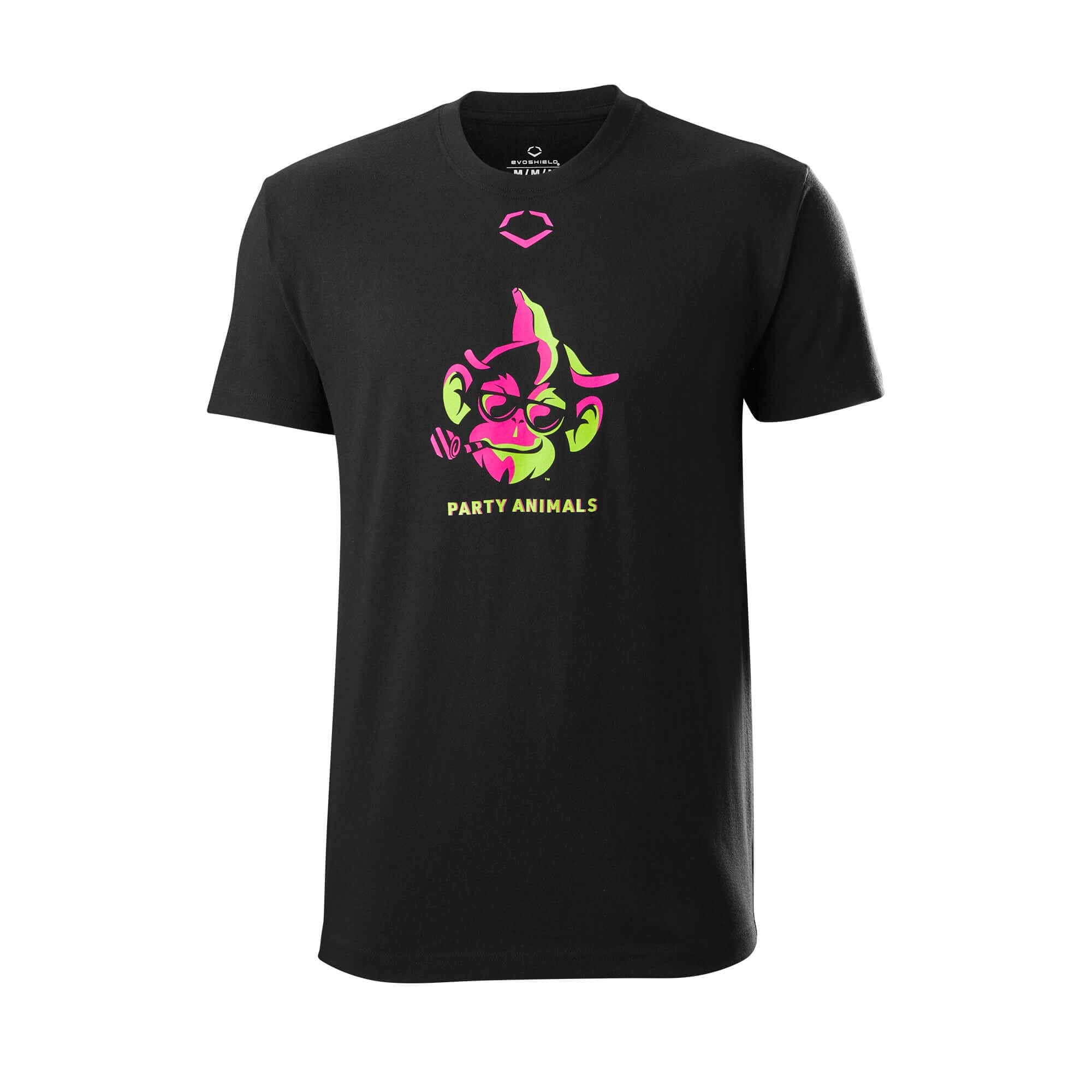 Evoshield black cotton tee featuring a playful monkey design and "Party Animals" text for a stylish casual look.