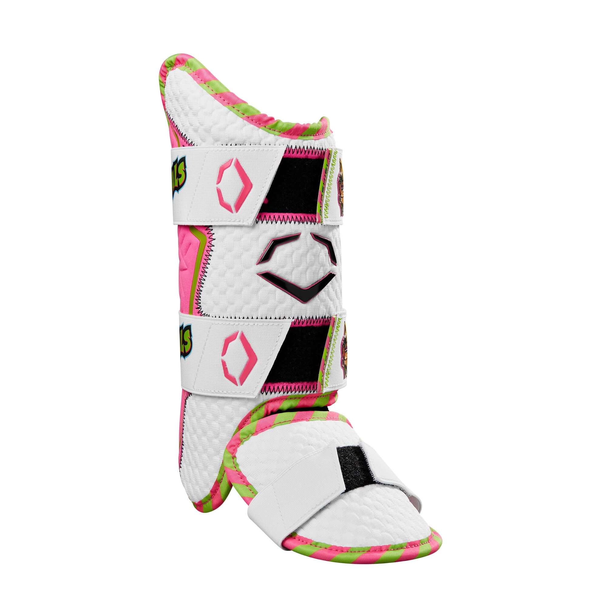 Evoshield X-SRZ Party Animals Leg Guard with white mesh, neon pink & green accents, and black logo.