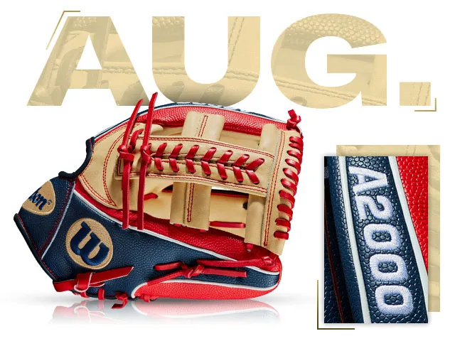 Wilson A2000 1785 SS glove in red and navy, showcasing August 2019 Marwin Gonzalez custom design.