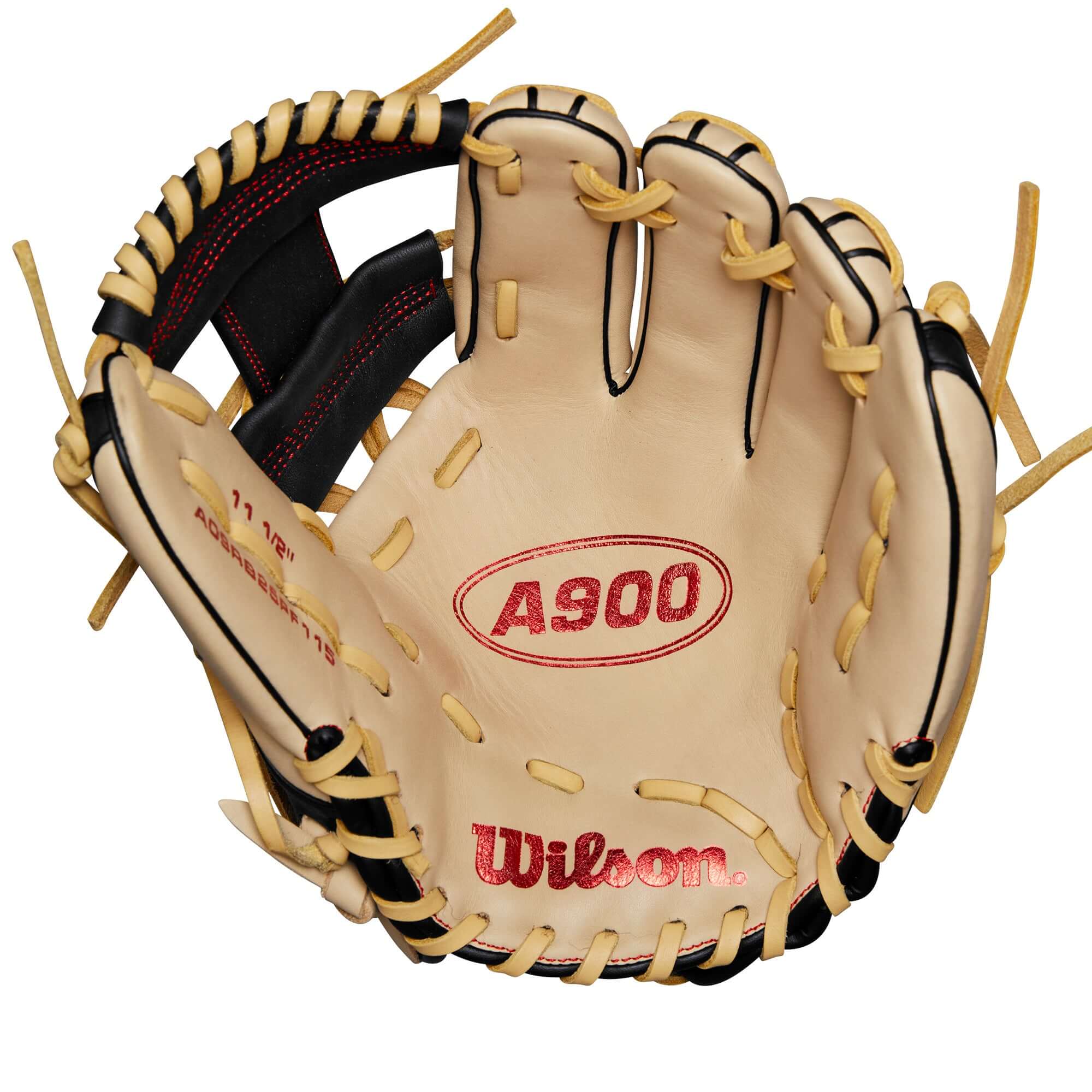 Wilson A900 PF115 glove in blonde and black, designed for youth players aged 8-12, featuring Pedroia Fit technology.