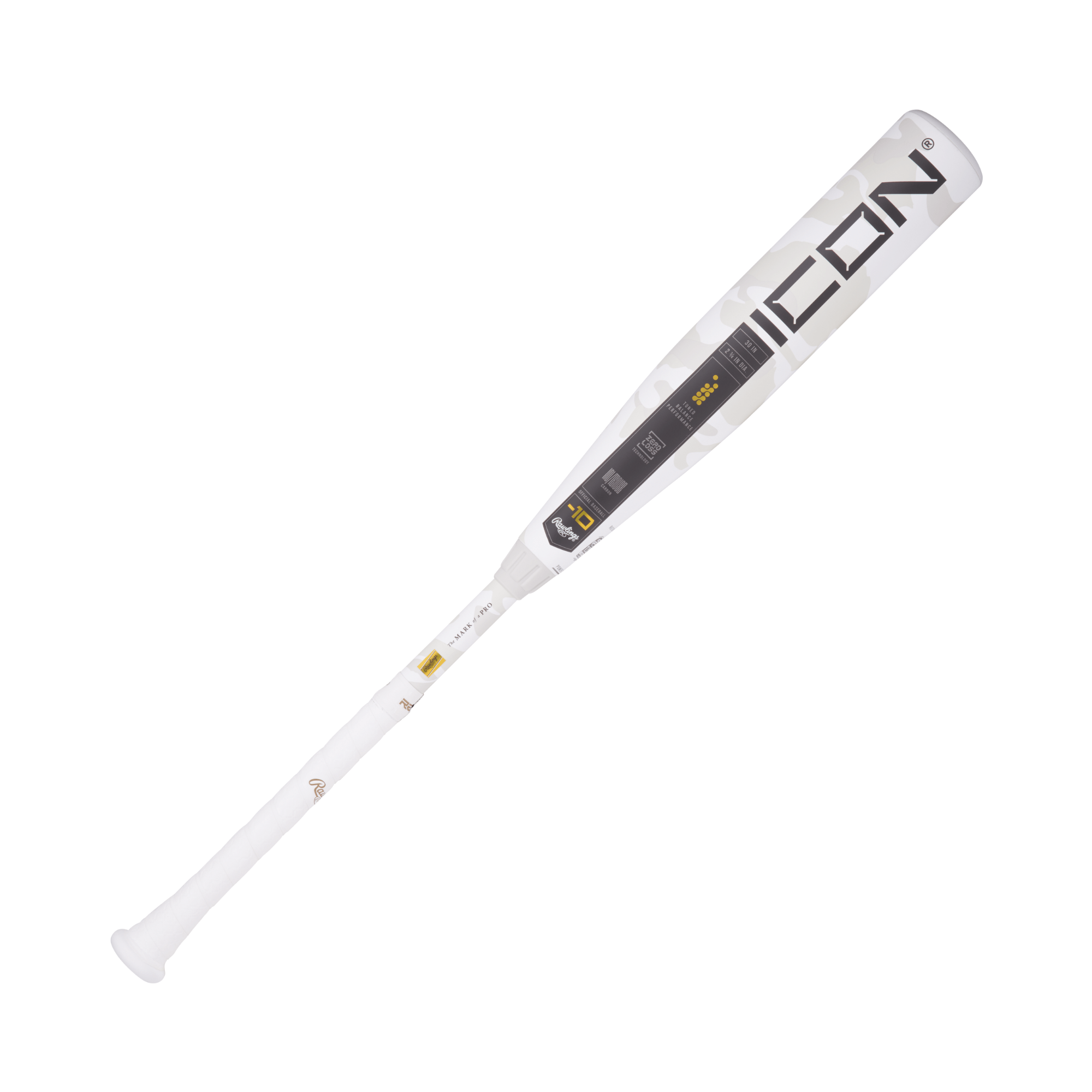 2025 Rawlings Icon USSSA bat with white camo pattern and black-gold accents, youth, drop -10, RevGrip handle.