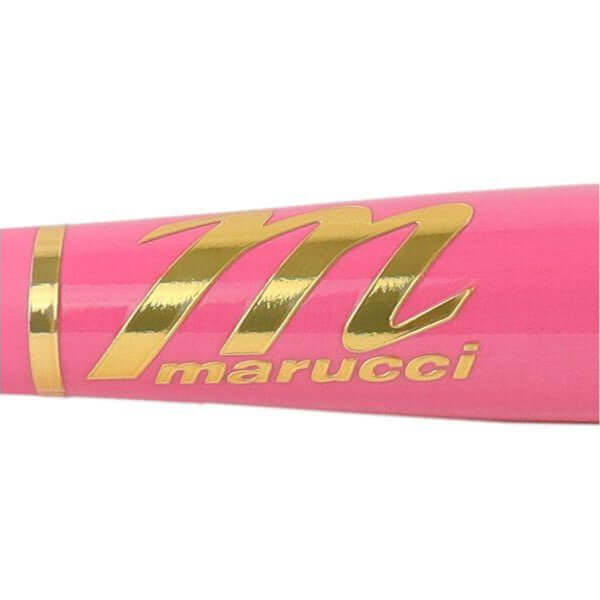 Close-up of the Marucci Lindy12 baseball bat in pink with gold lettering, showcasing its premium design.