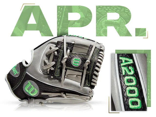 Wilson A2000 1786 glove featured in April 2019 custom design with unique green accents and stylish branding.