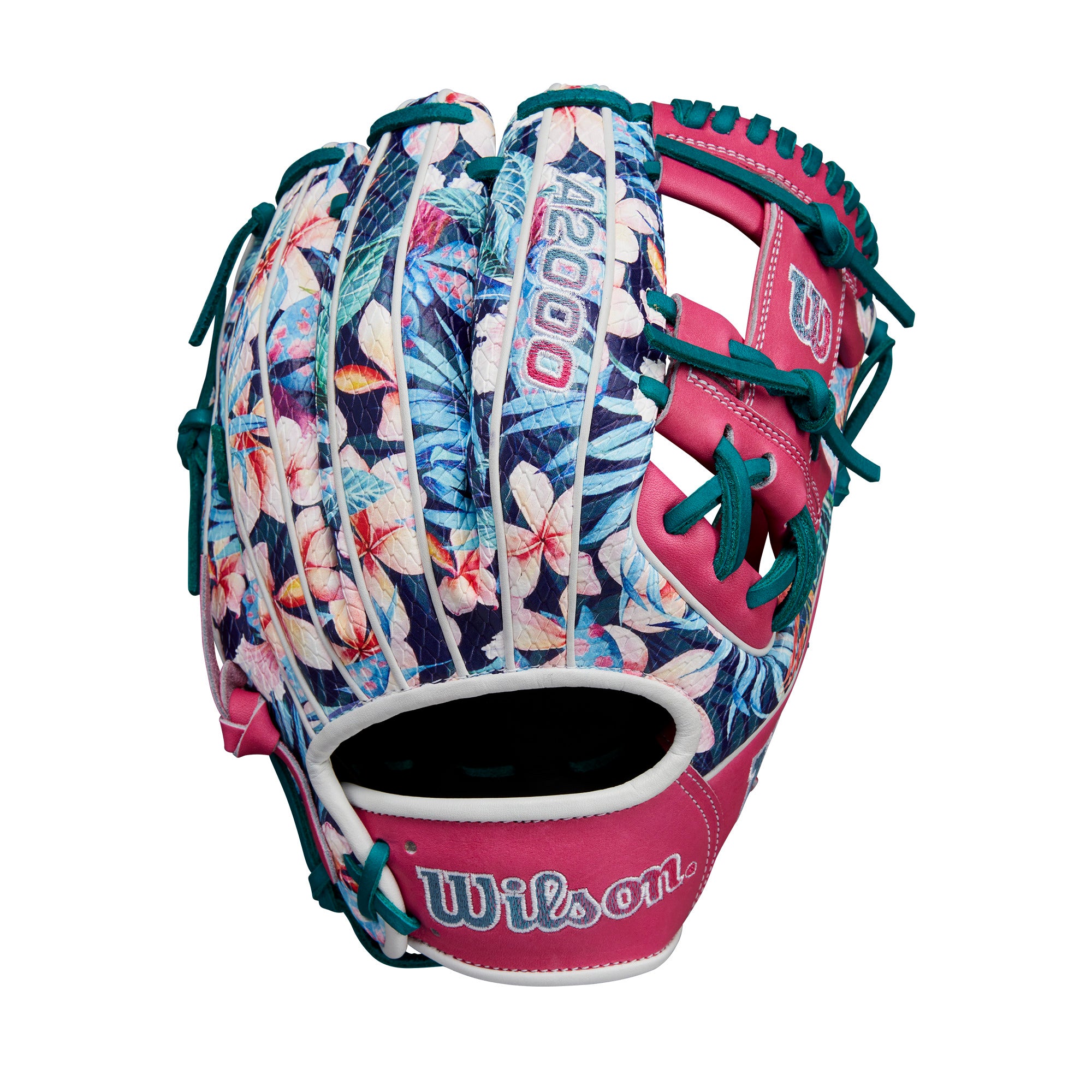 Wilson A2000 1786 GOTM November 2024 glove in Flamingo Pink with floral print, designed for infielders.