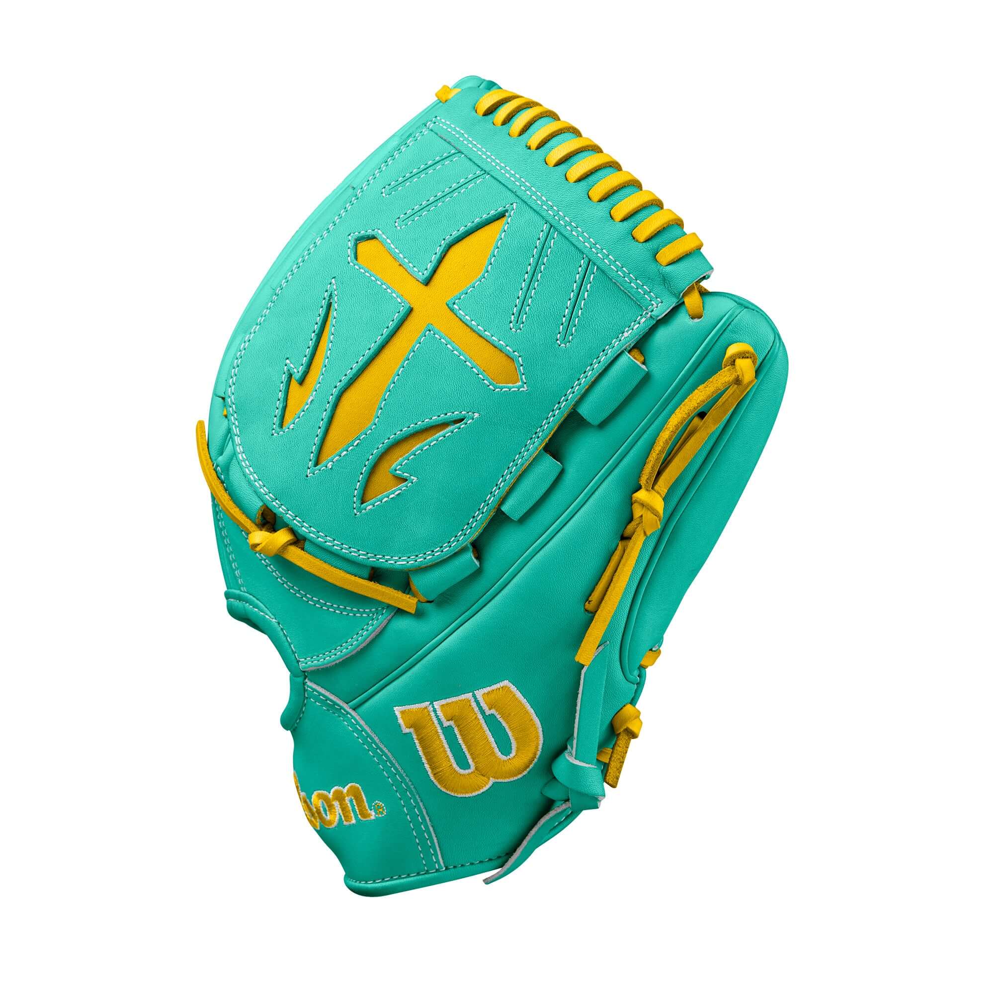 Wilson Fall 2024 A2000 B23 12-inch pitcher's glove in seafoam with yellow inlay, Pro Stock leather