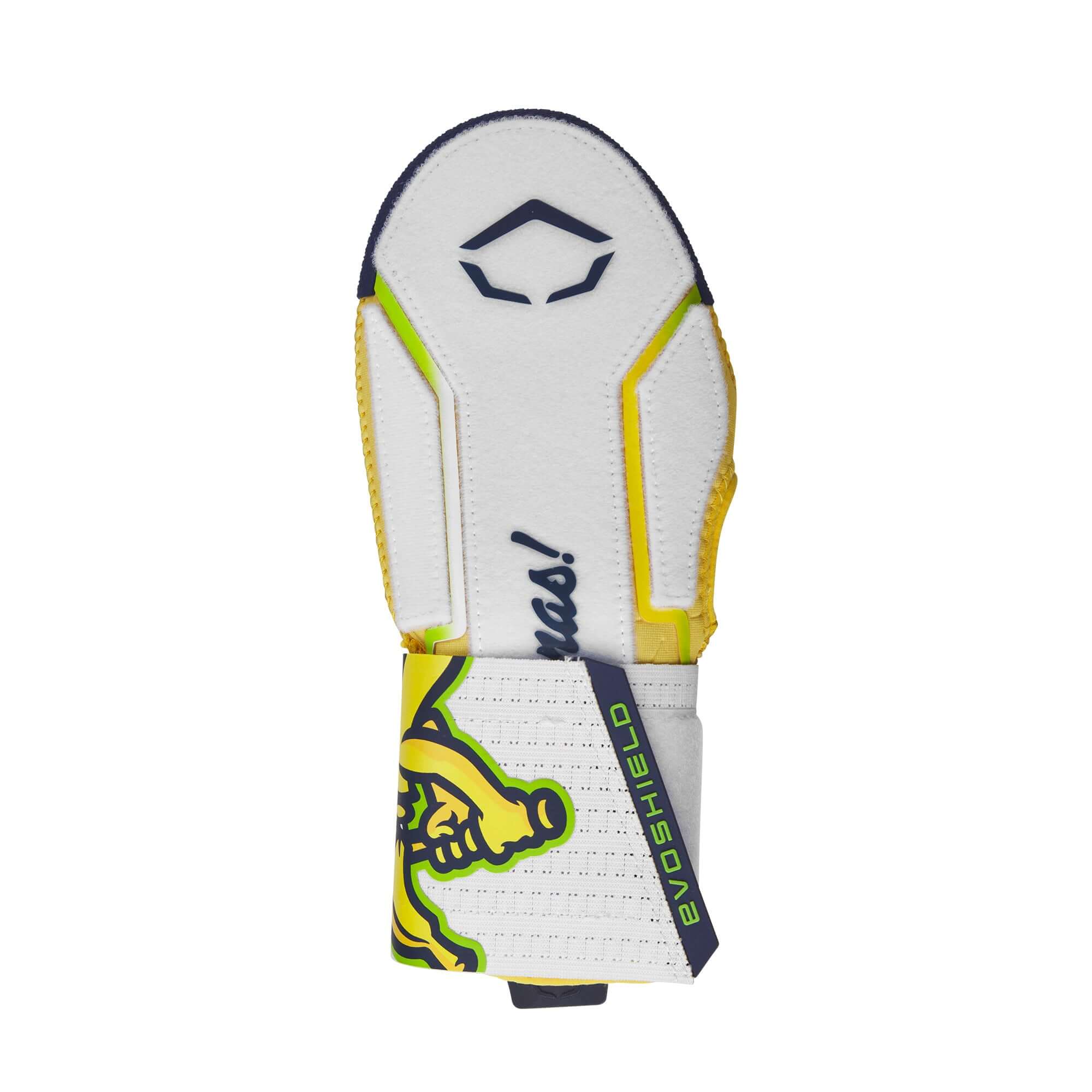 Evoshield X-SRZ Savannah Bananas Sliding Mitt 2.0 in white and yellow with logo and compression strap.