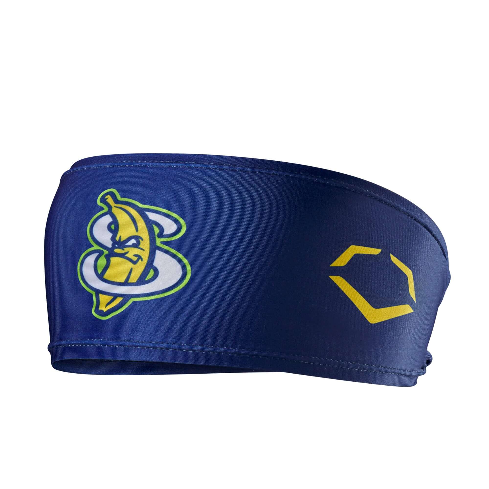 Evoshield navy headband featuring fun banana logo, perfect for sports enthusiasts and stylish workouts.