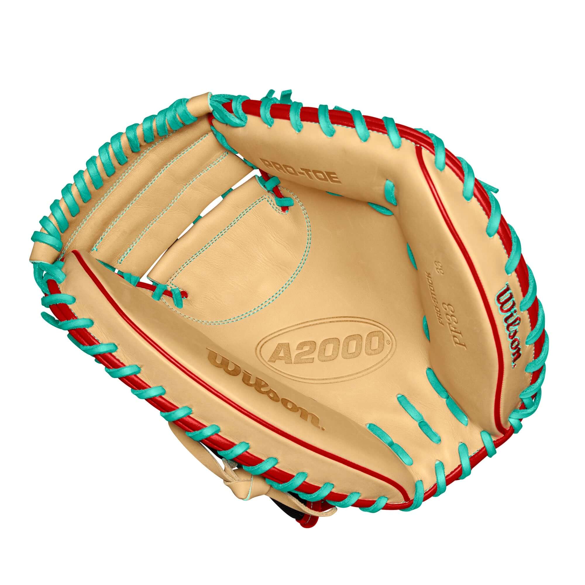 Wilson A2000 PF33 baseball catcher's mitt interior with blonde leather palm and colorful lacing details.