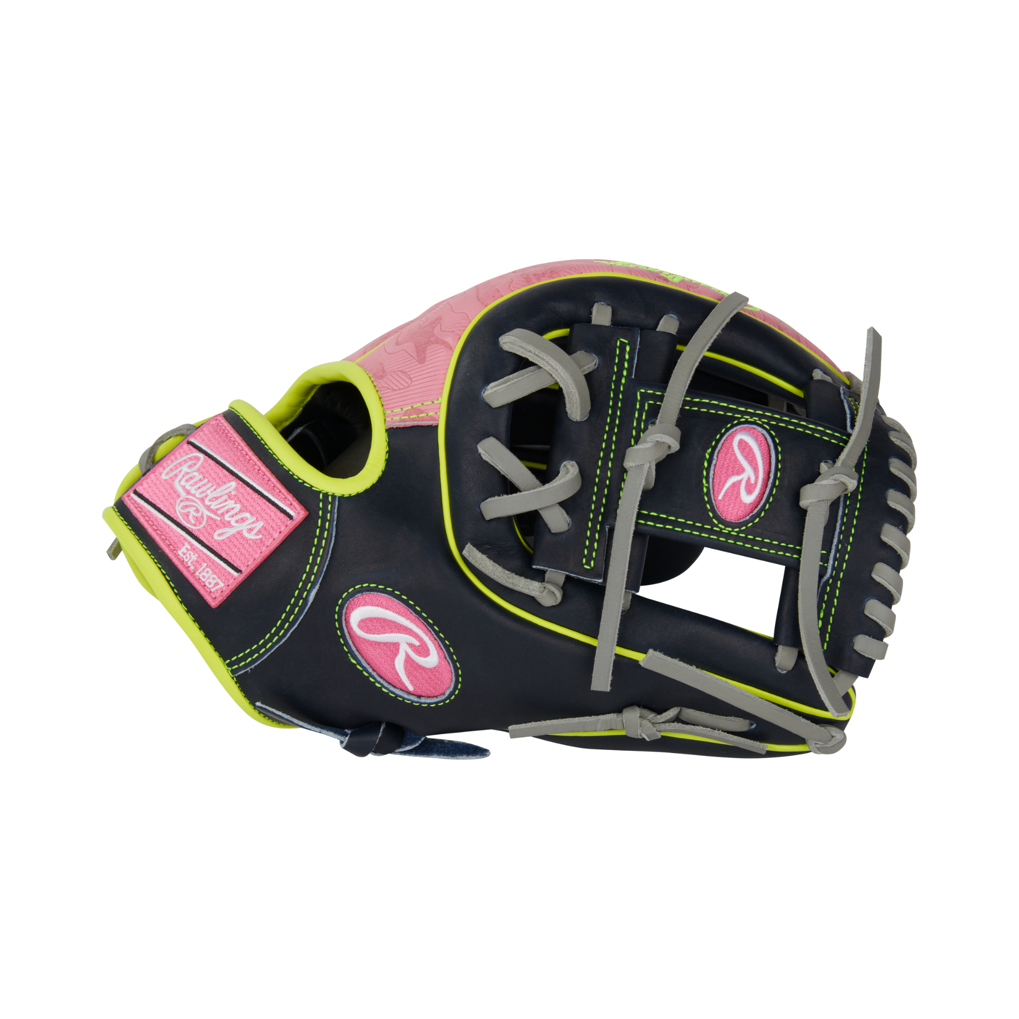 Left side of PRO315-2NPY glove, focusing on thumb area with distinct pink camo pattern and premium construction