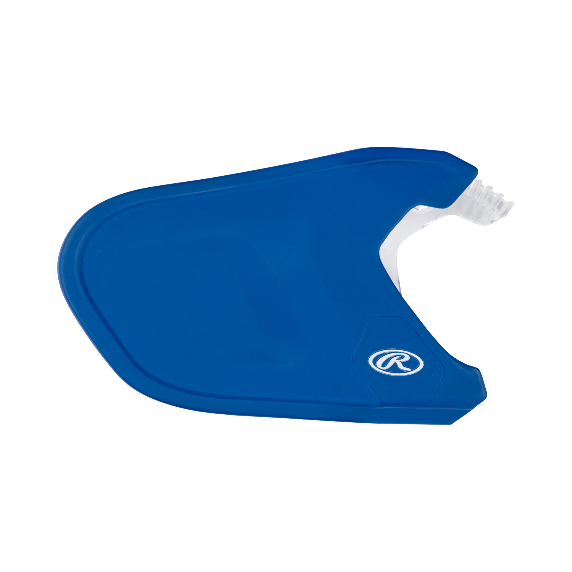 Rawlings Matte Adjustable Jaw Guard RHB in blue, designed for enhanced facial coverage and adjustable fit for batters.