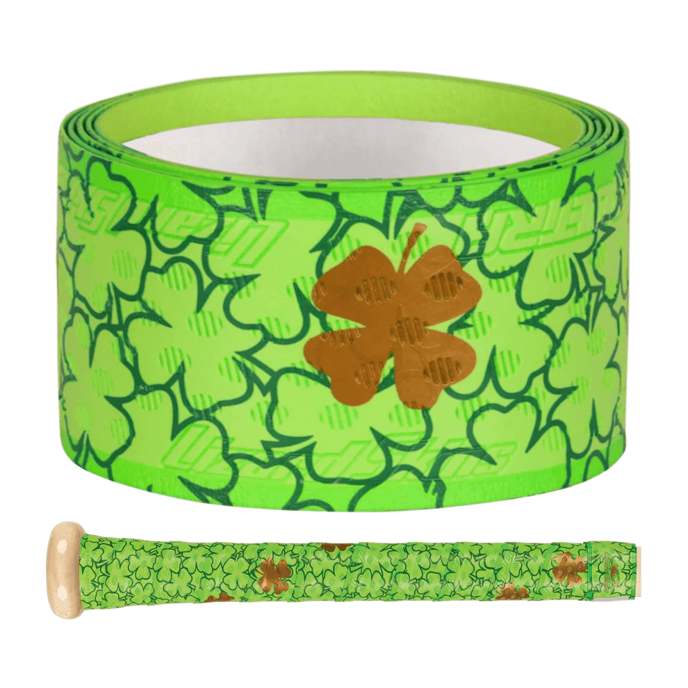 Lizard Skins DSP Ultra Bat Grip in Four Leaf design featuring vibrant green clovers and a bold four-leaf clover symbol.