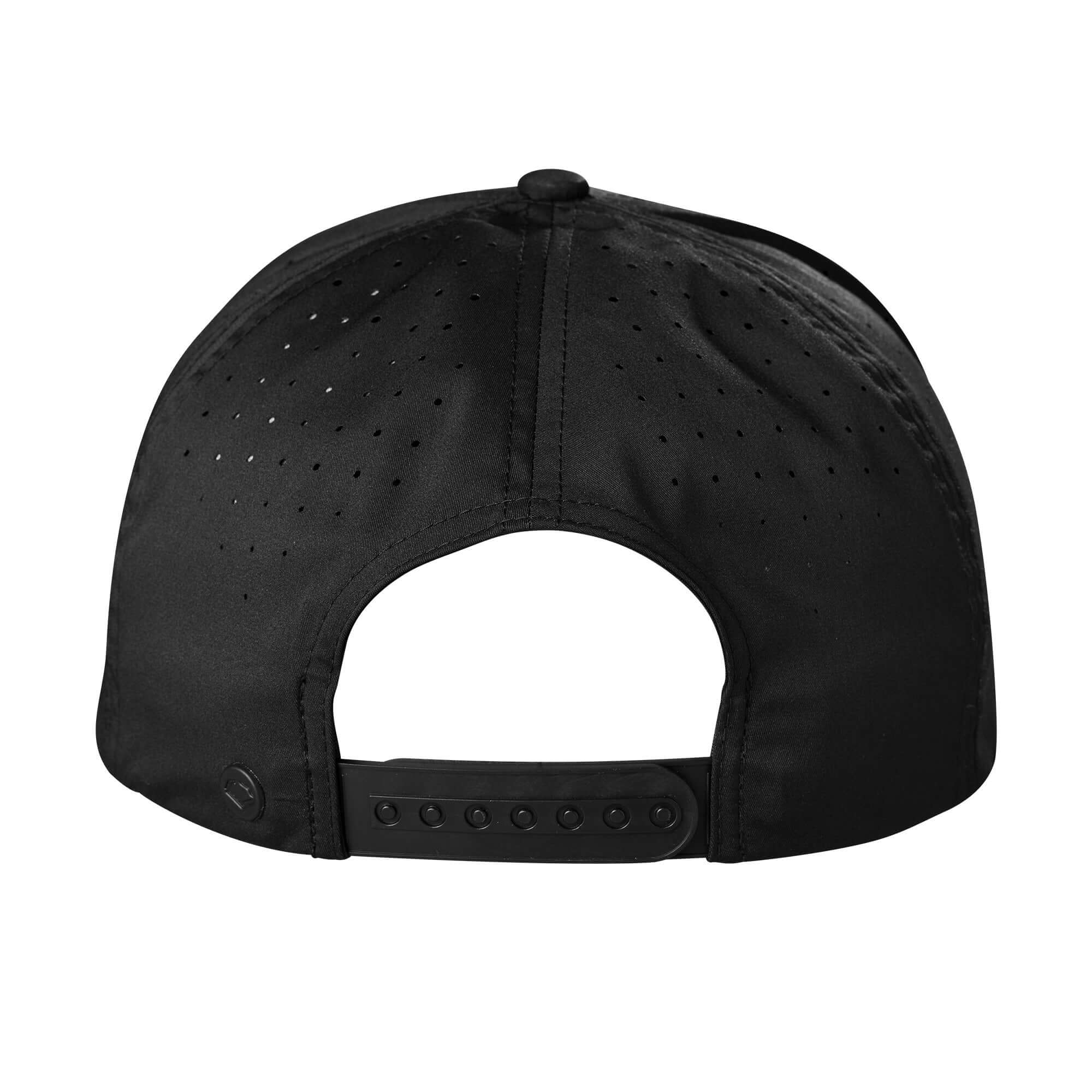 Back view of black EvoShield Always All In snapback cap with adjustable strap and ventilation holes.