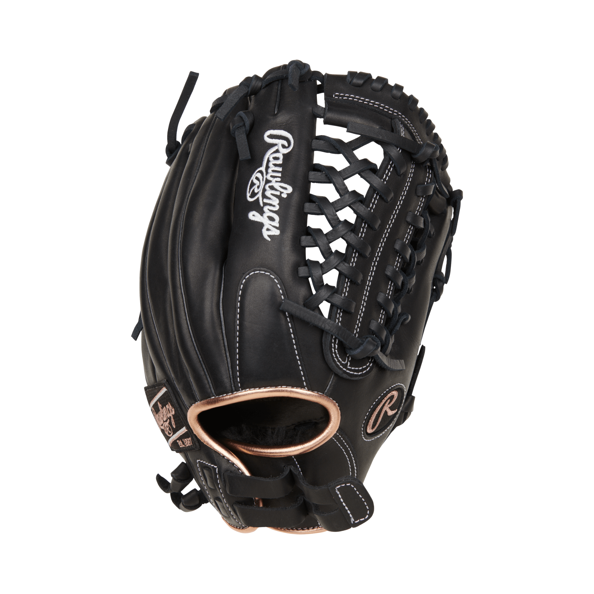 Rawlings R9 Series Softball Glove Black 12" for fastpitch players, featuring Modified Trap-Eze web for ball control.