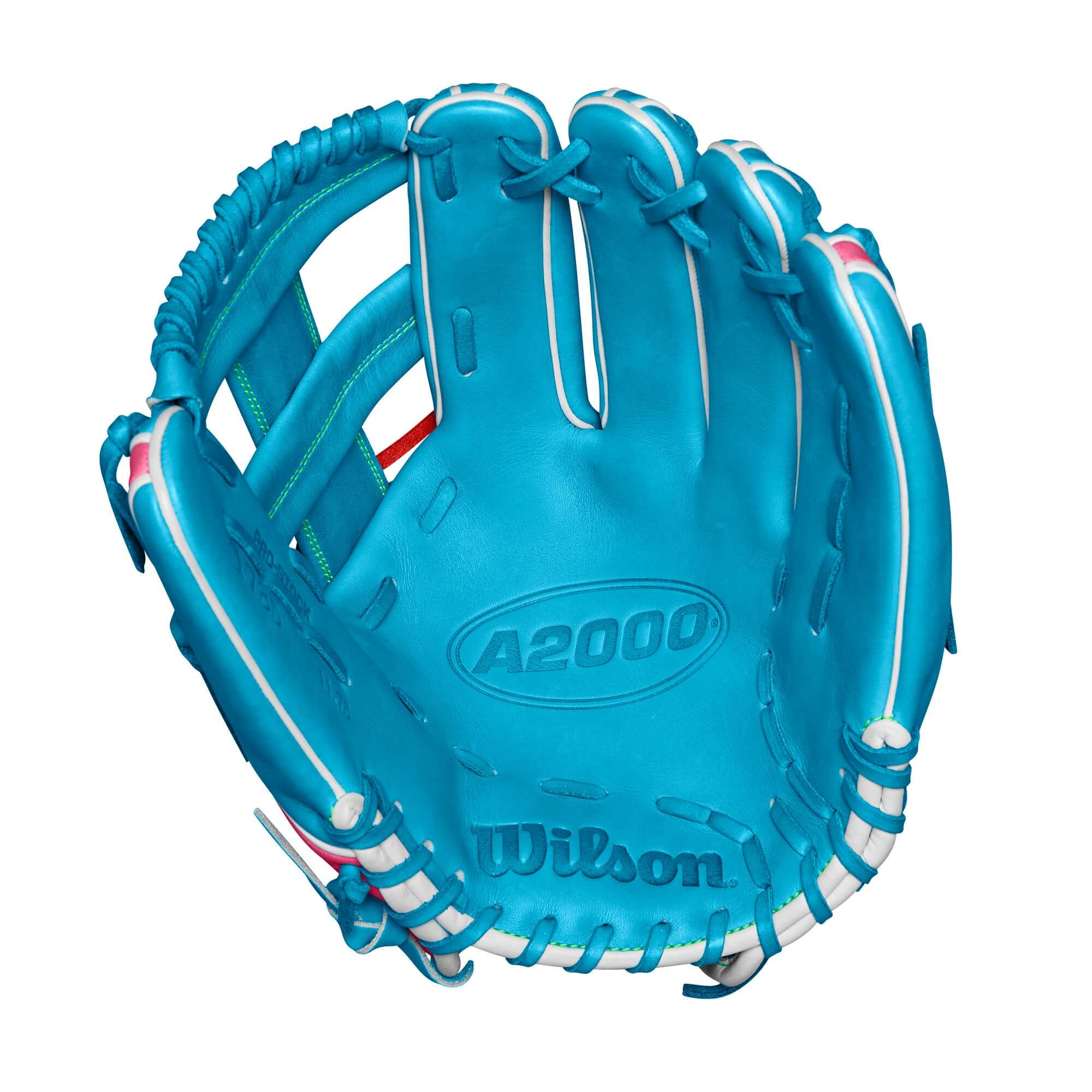 Wilson A2000 1785 11.75 Infield Glove, Sky Blue with Single Post Web & Flamingo Pink lace, Fall 2024 Model.