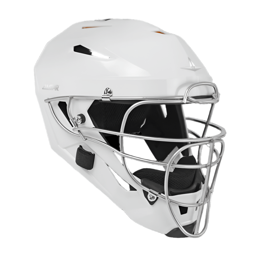 All-Star PHX fastpitch catching helmet in white with silver cage, designed for elite catchers and inspired by Paige Halstead.