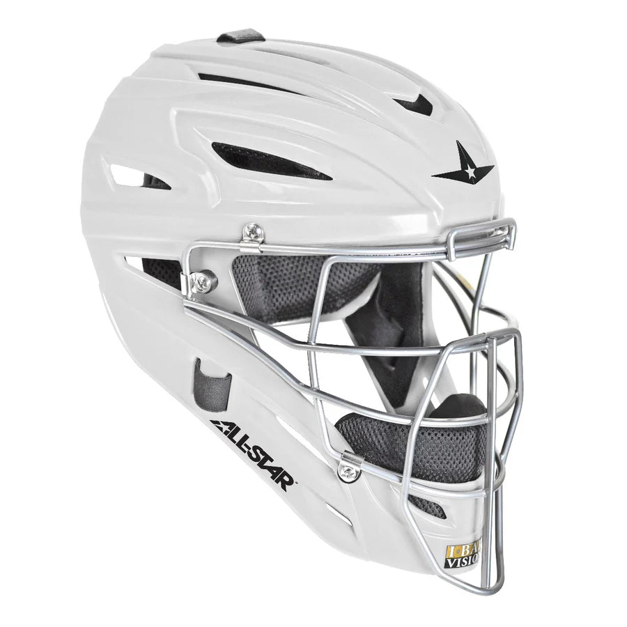 All-Star AFx Fastpitch Helmet in white with gray accents, designed for maximum vision and protection for catchers.