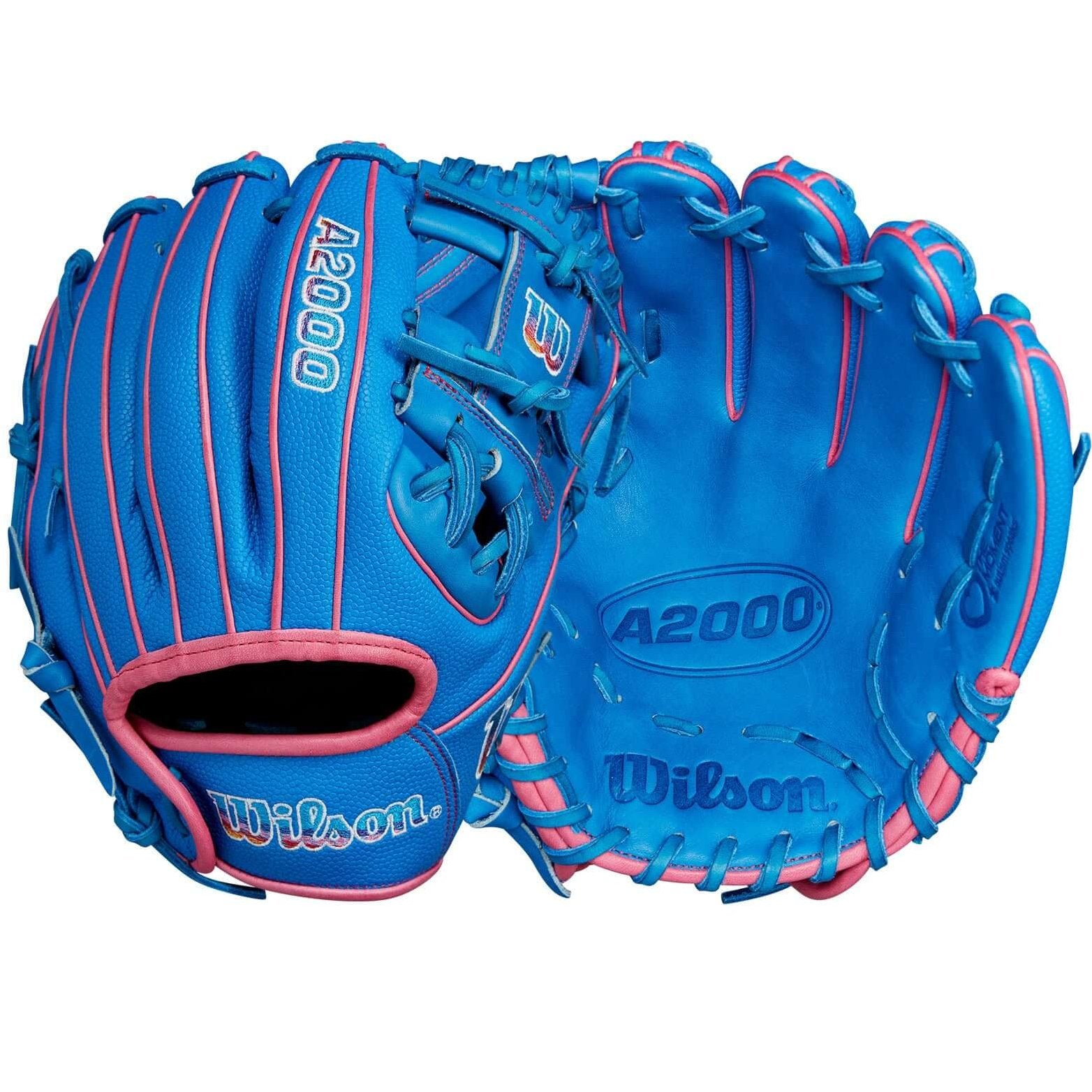 Wilson 2024 Autism Speaks A2000 DP15SS infield baseball glove, 11.5”, blue with pink accents, designed for players with smaller hands.