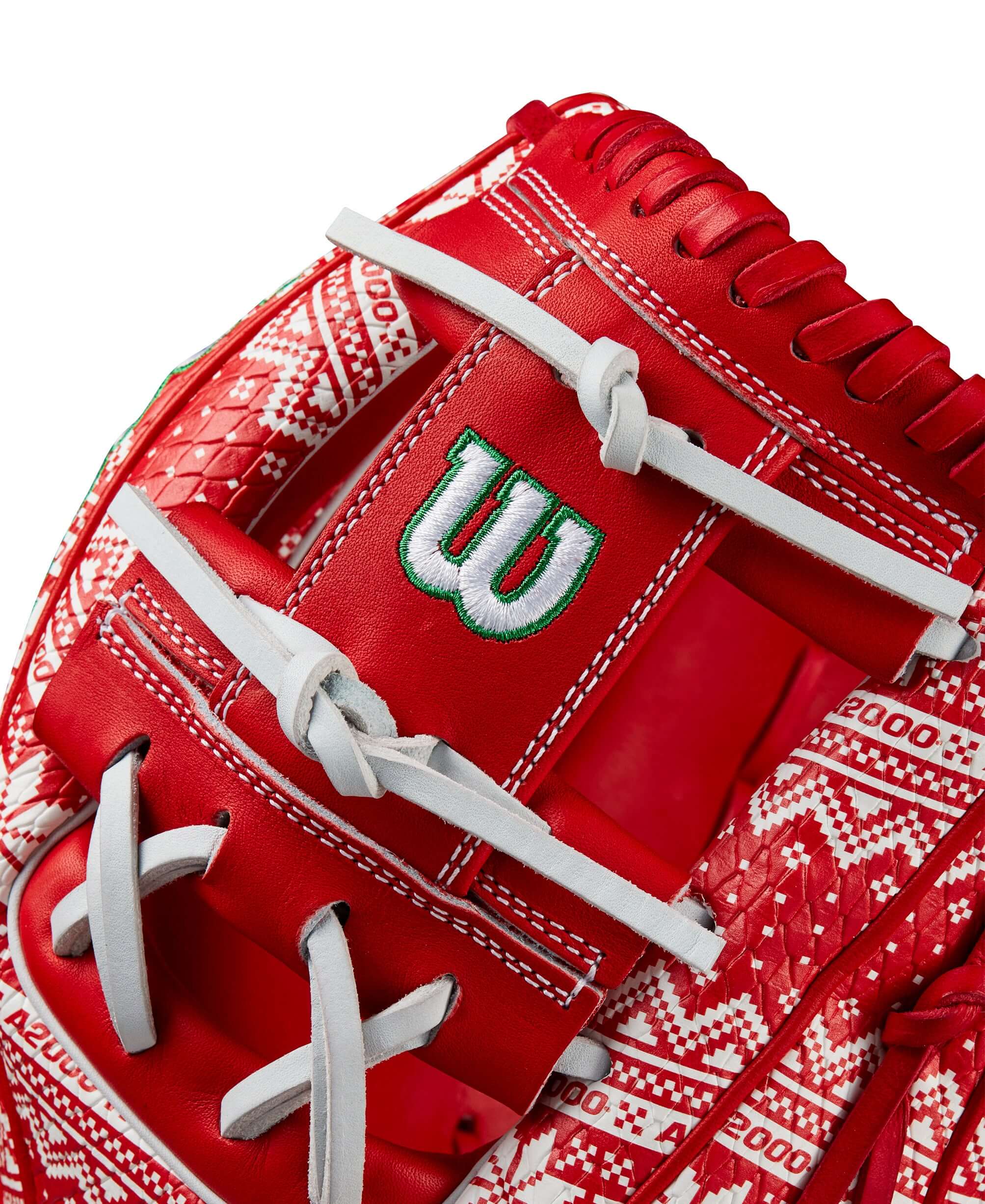 Wilson A2000 1975SS glove close-up showing red and white Holiday Sweater design and bold logos.