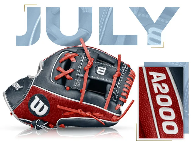 Wilson A2000 1786 SS glove, custom design for July 2018 GOTM, featuring red and black color scheme and quality craftsmanship.