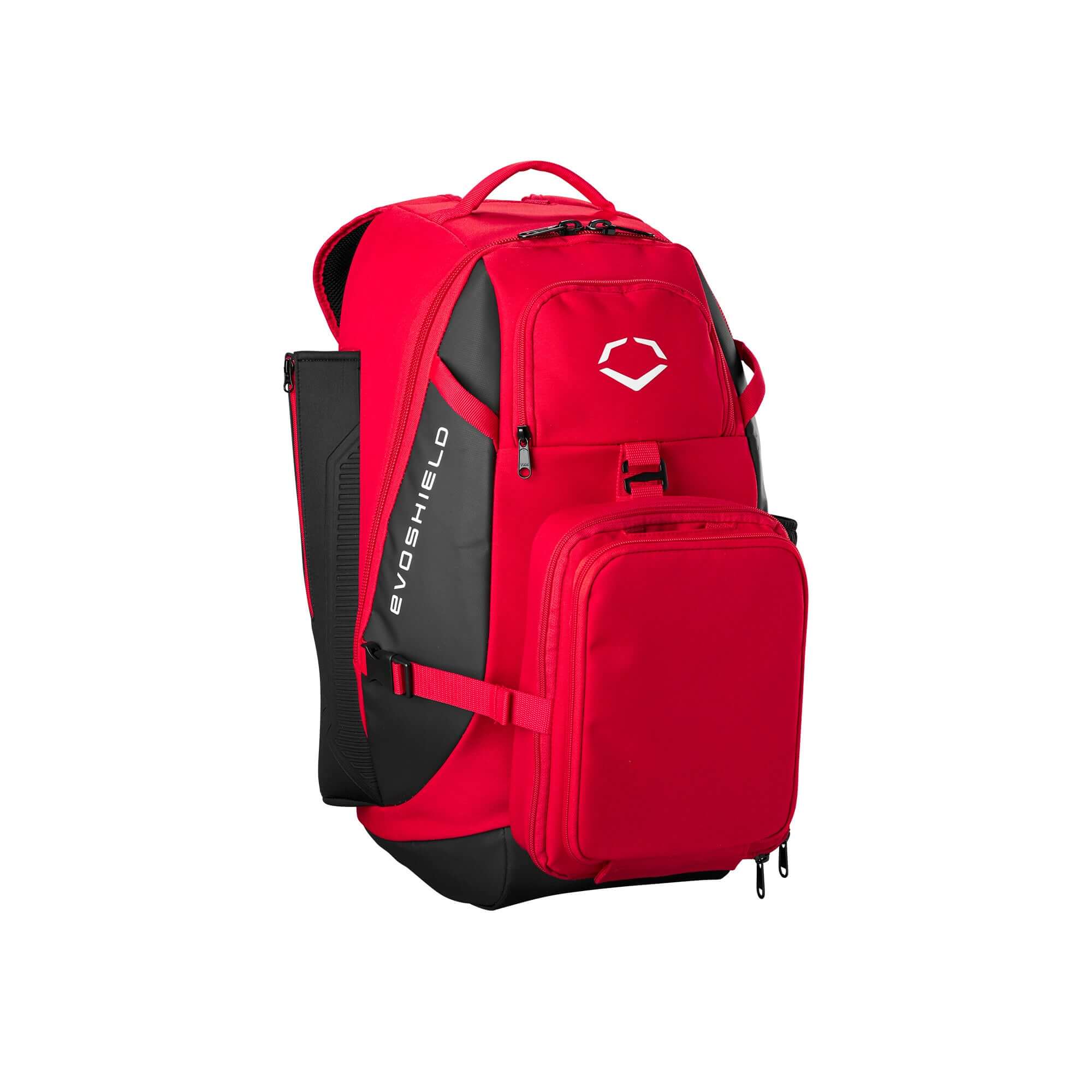 Evoshield Recruit Backpack in red with large main compartment and bat sleeves for gear and equipment.