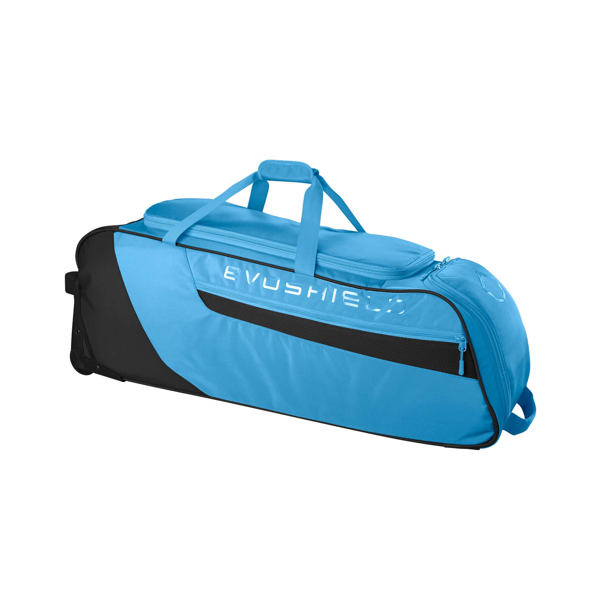 Evoshield Takeover Wheeled Bag in blue, designed for easy gear transport with padded bat sleeves and ample storage.