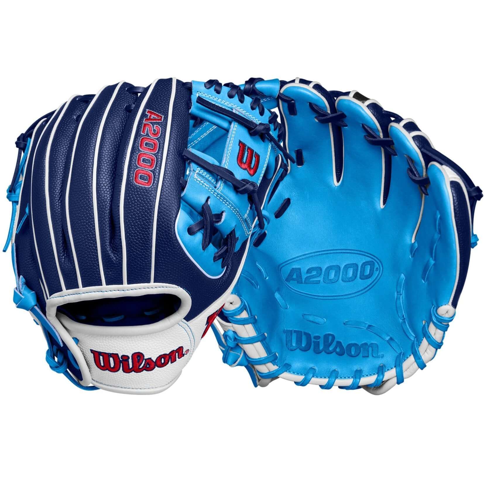 Wilson A2000 PF88SS Infield Baseball Glove, Navy/Sky Blue/White, 11.25, designed for smaller hands with Pedroia Fit Technology.