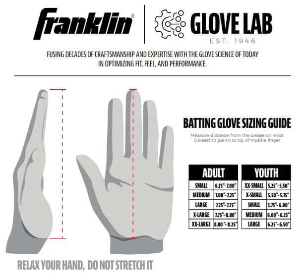 Franklin glove sizing guide for batting gloves, including measurements for adult and youth sizes.