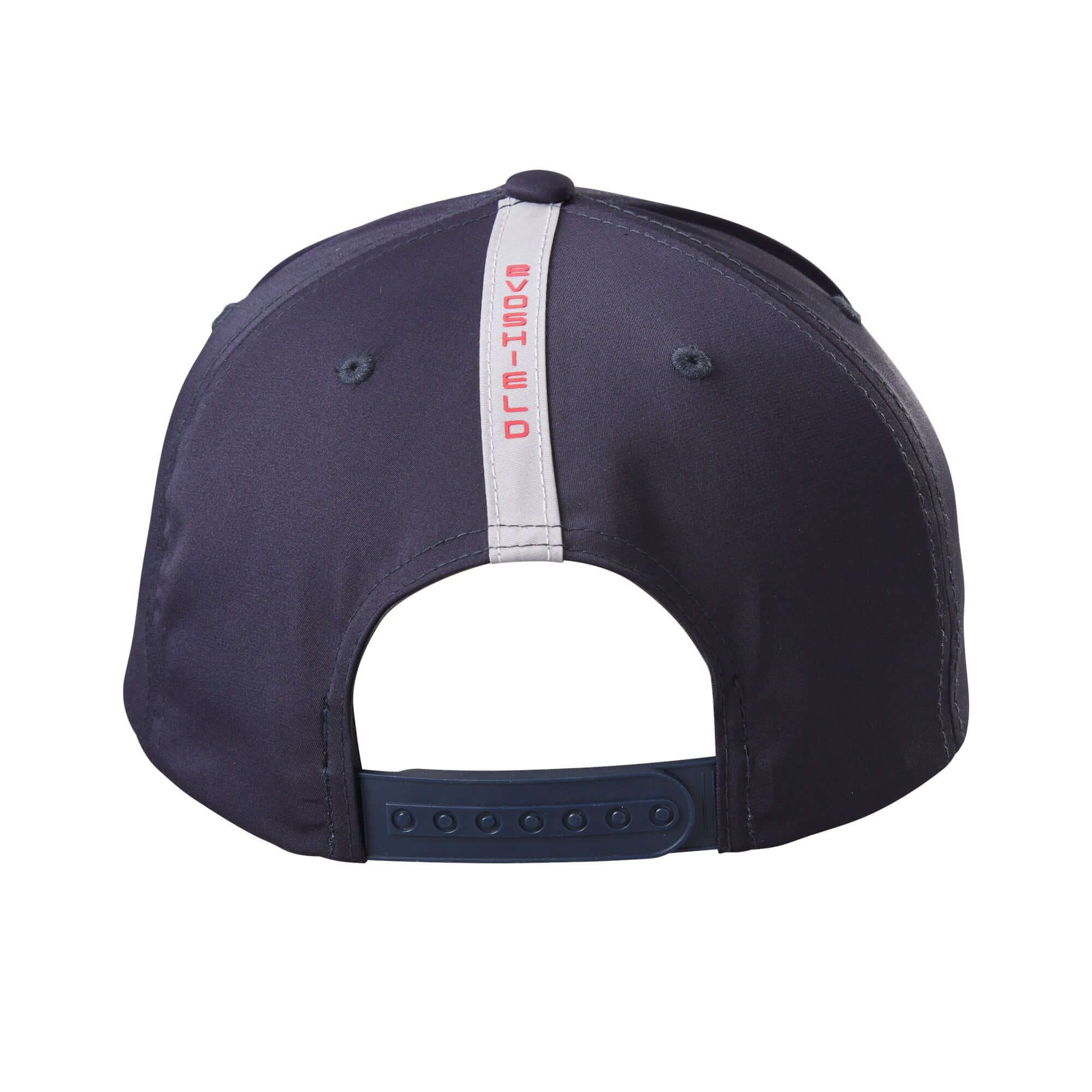 Back view of the Navy Evoshield Baseline Snapback cap featuring red logo on silver tape and adjustable snapback closure.