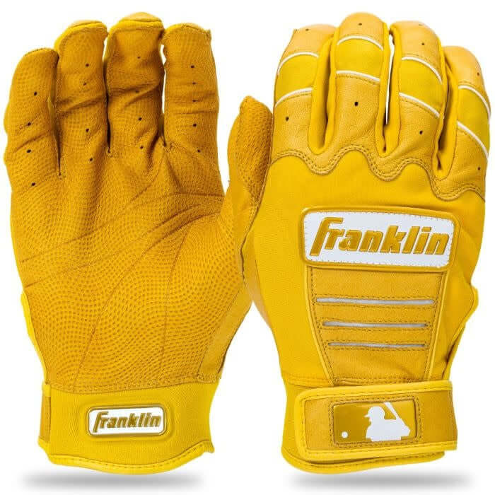 Franklin CFX Pro Hi-Lite Series Yellow Batting Gloves with premium sheepskin leather and Tectonic inserts for flexibility.