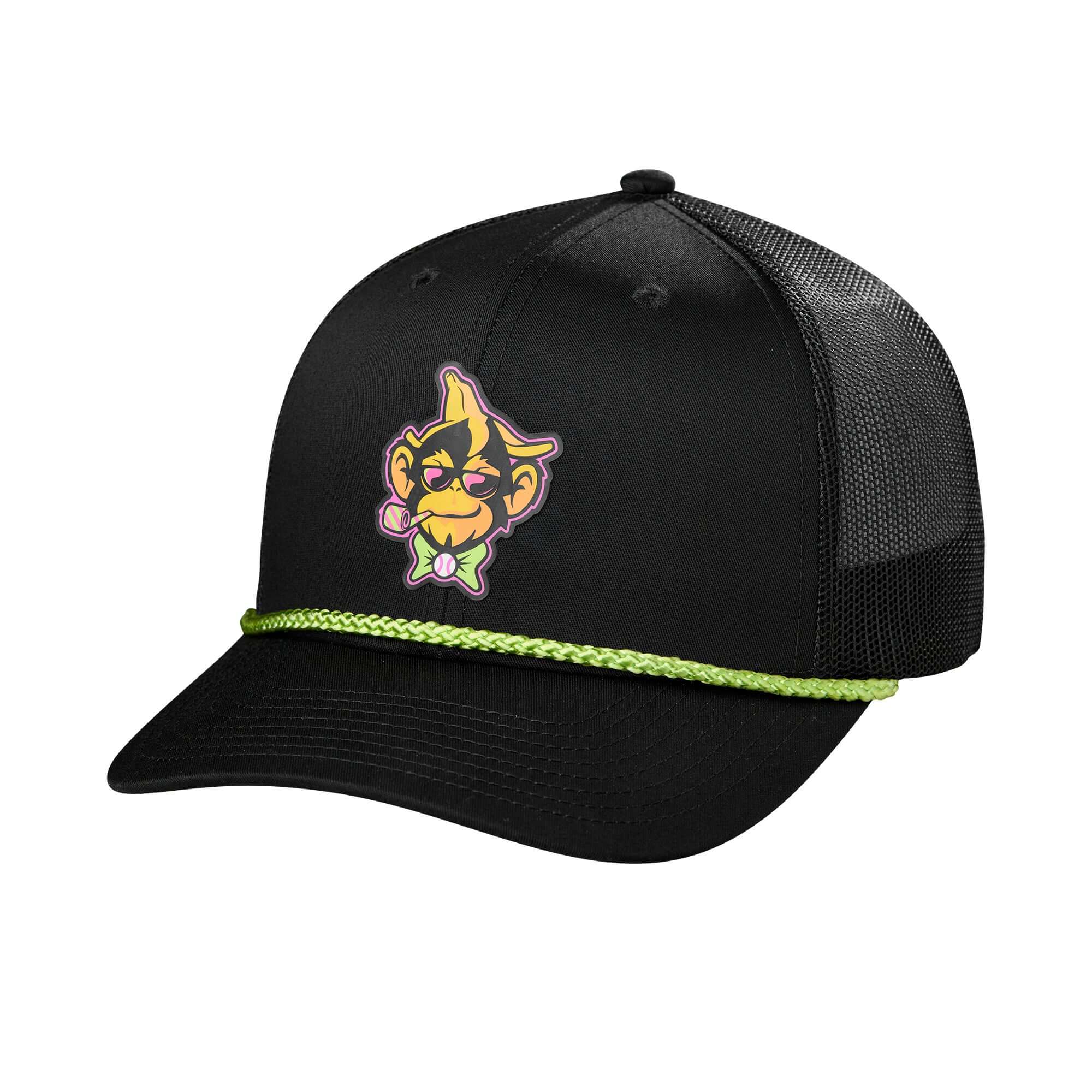 Evoshield PA Silicone Monkey Rope Hat in black with neon green rope and monkey logo, perfect for baseball players.