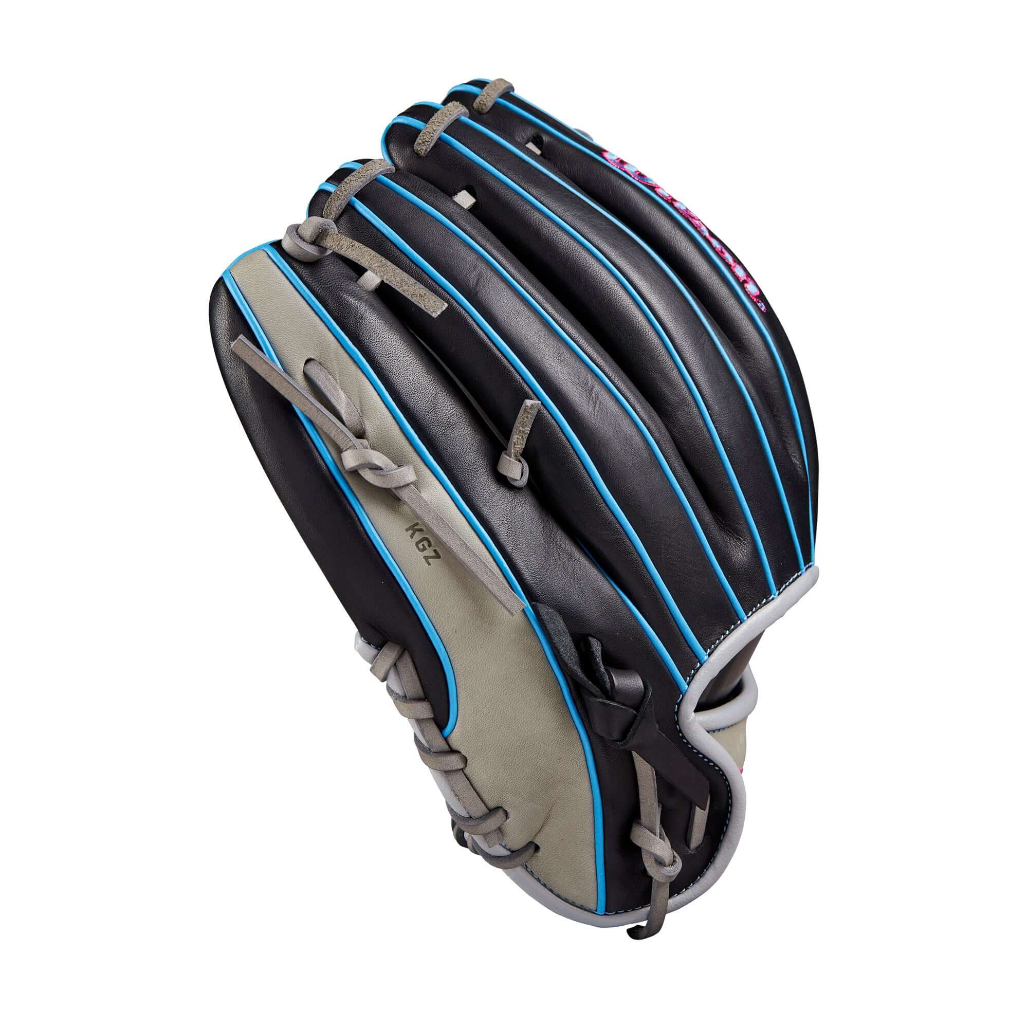 Wilson 2024 A1000 DP15 baseball glove in black, grey, cool blue, and pink with H-Web design, ideal for young infielders.