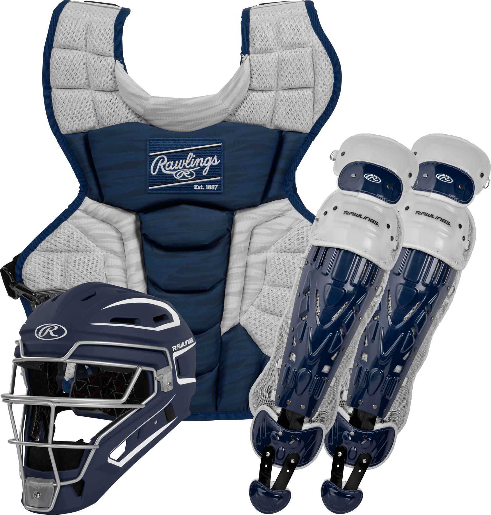 Rawlings Velo 2.0 Baseball catcher's set including navy/white helmet, chest protector, and leg guards for adults.