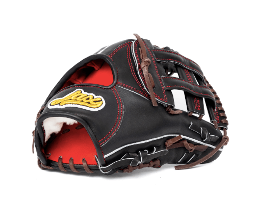 Black Jax LJ-10 12.5" outfield glove with H-Web design, brown lace, split gray welting, red stitching, and red palm liner.