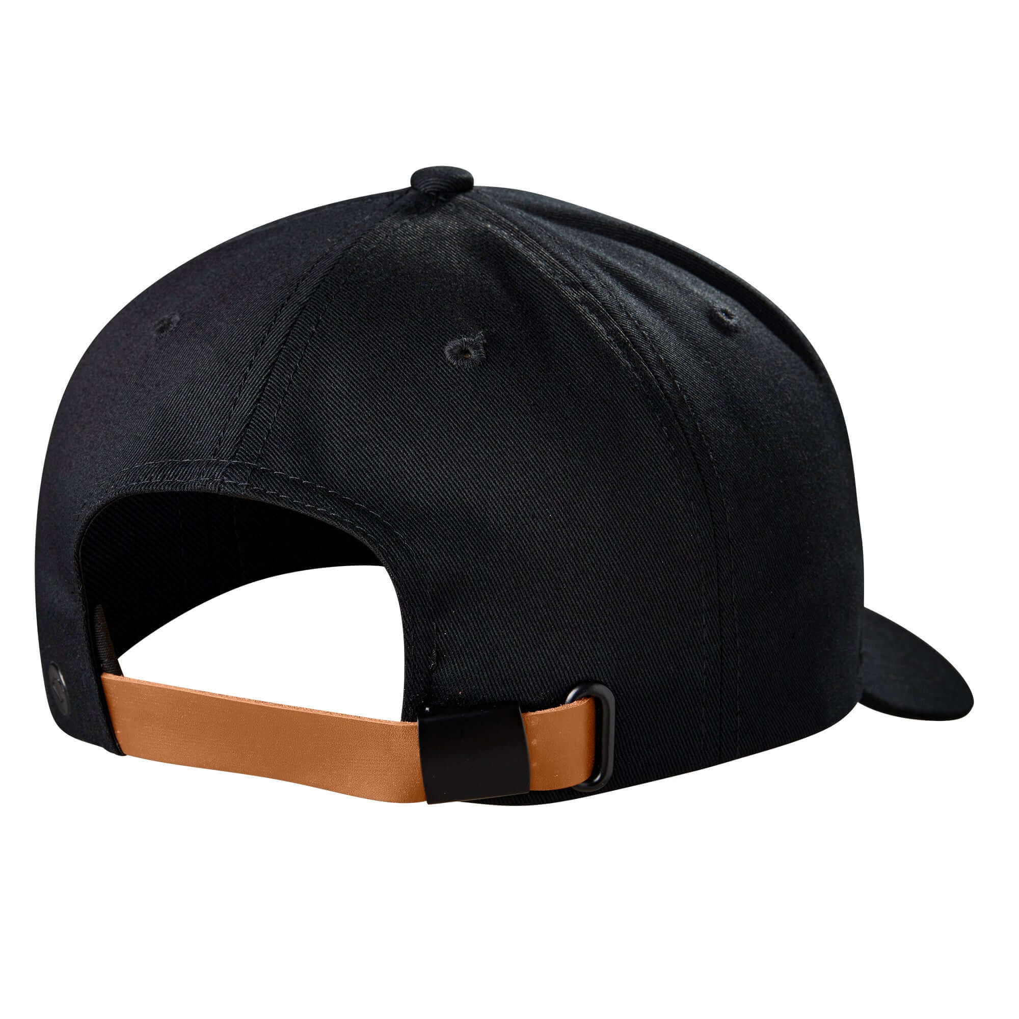 Evoshield Mocha Patch Leather Back cap in black, showcasing adjustable leather strap and sleek design for a stylish look.