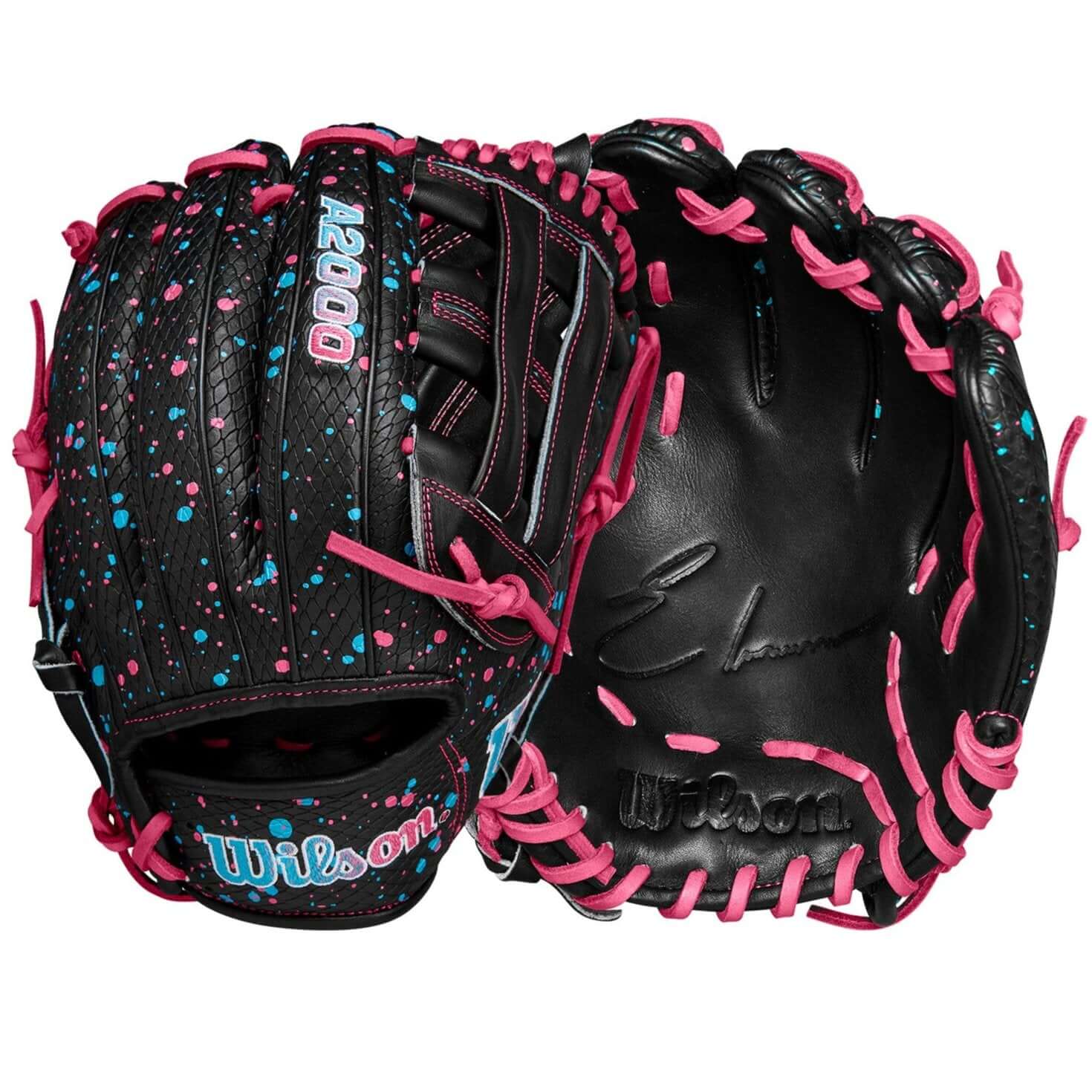 Wilson Fall 2024 A2000 Elly De La Cruz GM 12" infield glove with pink and blue accents, showcasing lightweight performance.