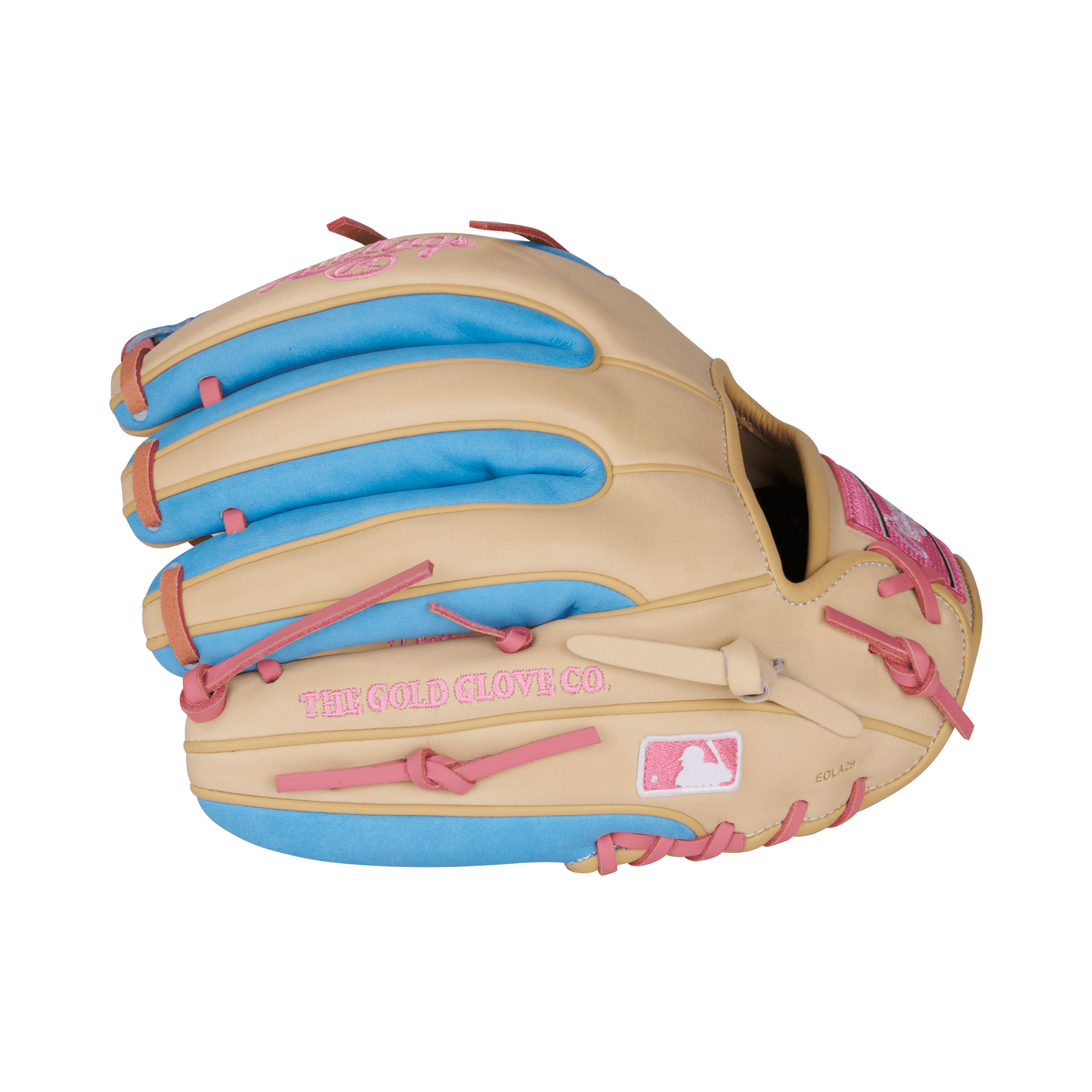 Rawlings Heart of the Hide 11.5-inch infield glove in camel and columbia blue with pink laces